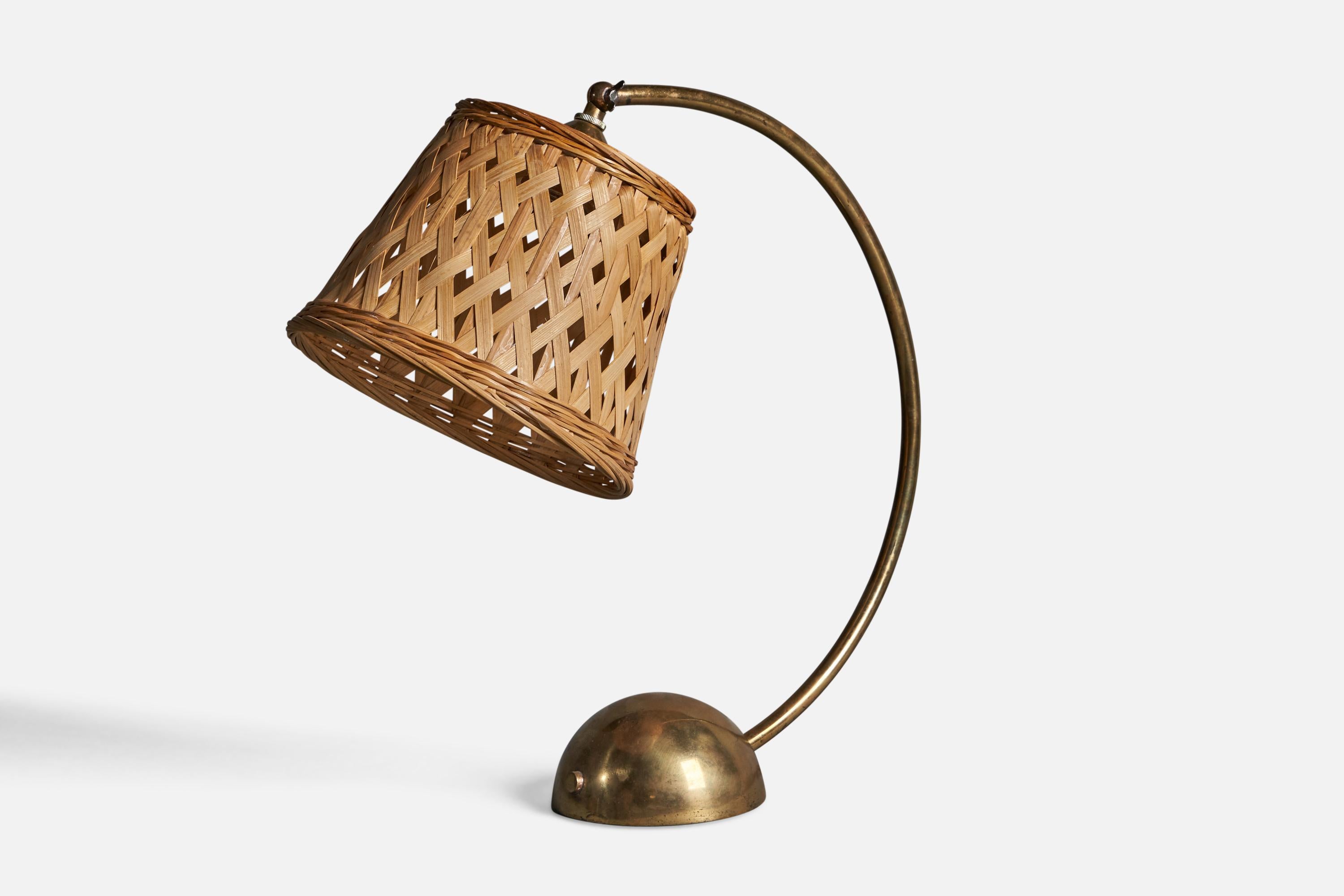 Mid-Century Modern Pitt Müller, Table Lamp, Brass, Rattan, Germany, 1950s For Sale