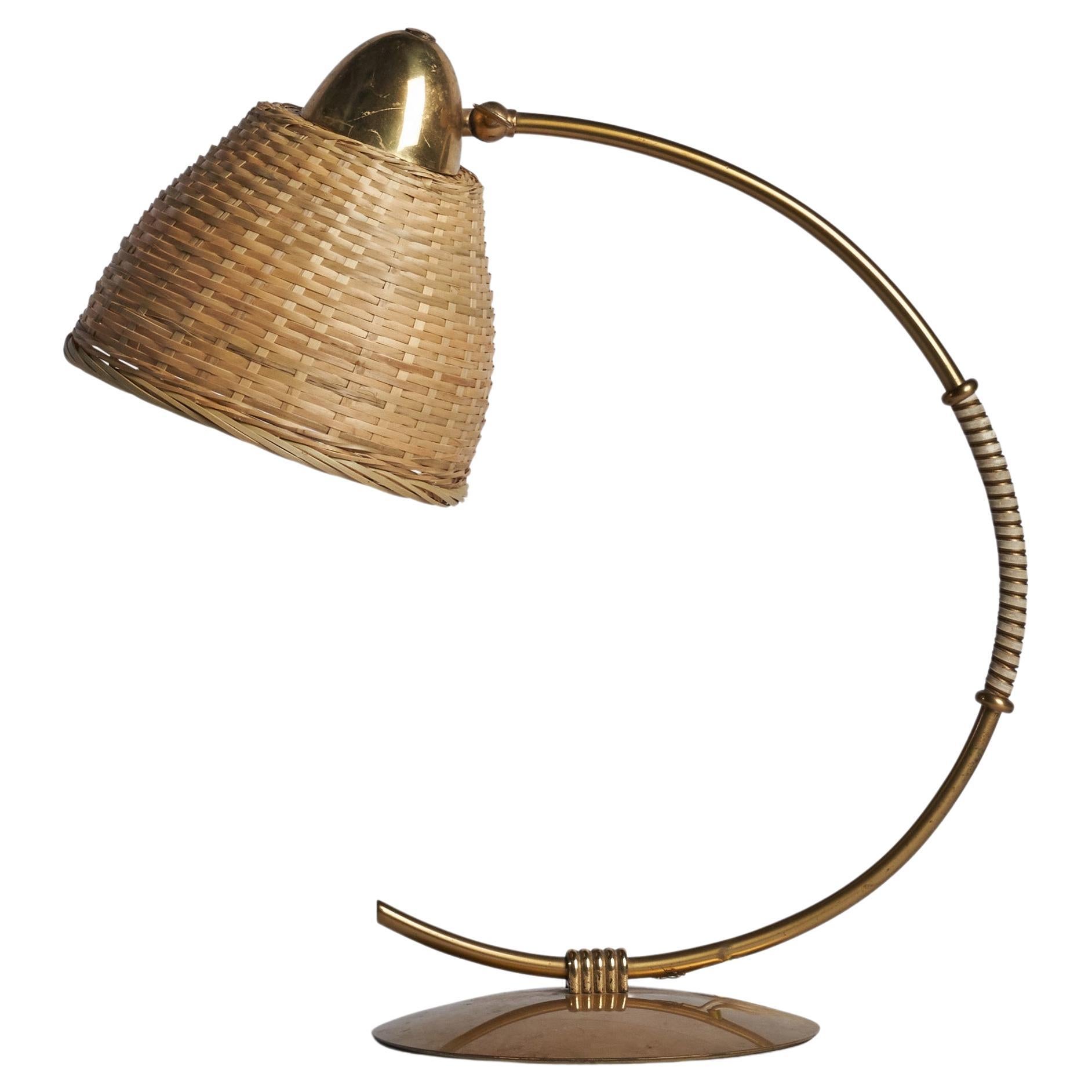 Pitt Müller, Table Lamp, Brass, Rattan, Germany, 1950s For Sale