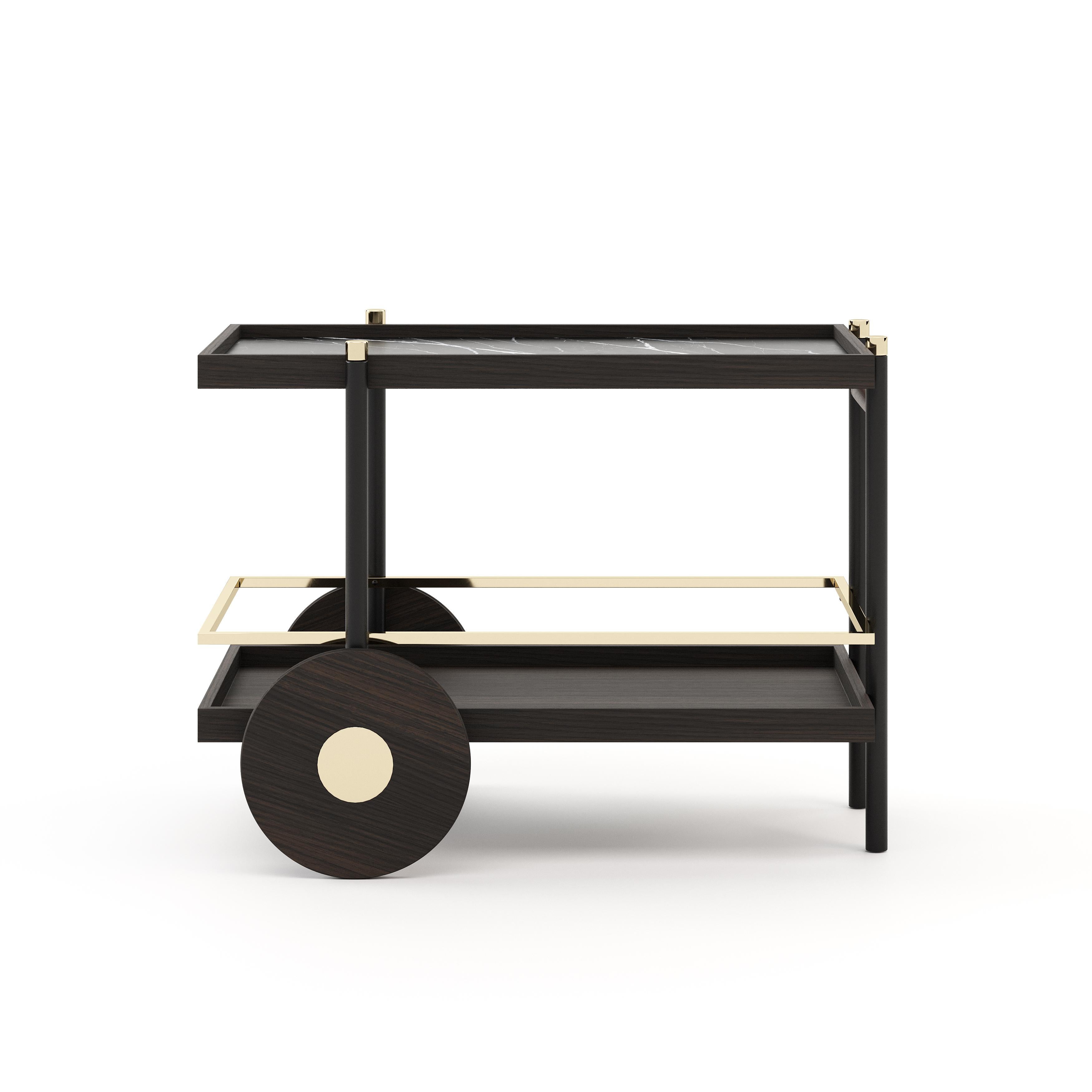 Perfect for hospitality projects or entertaining guests at home, the Pitt tea cart features chic iron shelves and a metal sturdy frame in a lustrous customizable finish. The tray features marble natural stone, adding even more elegance to this