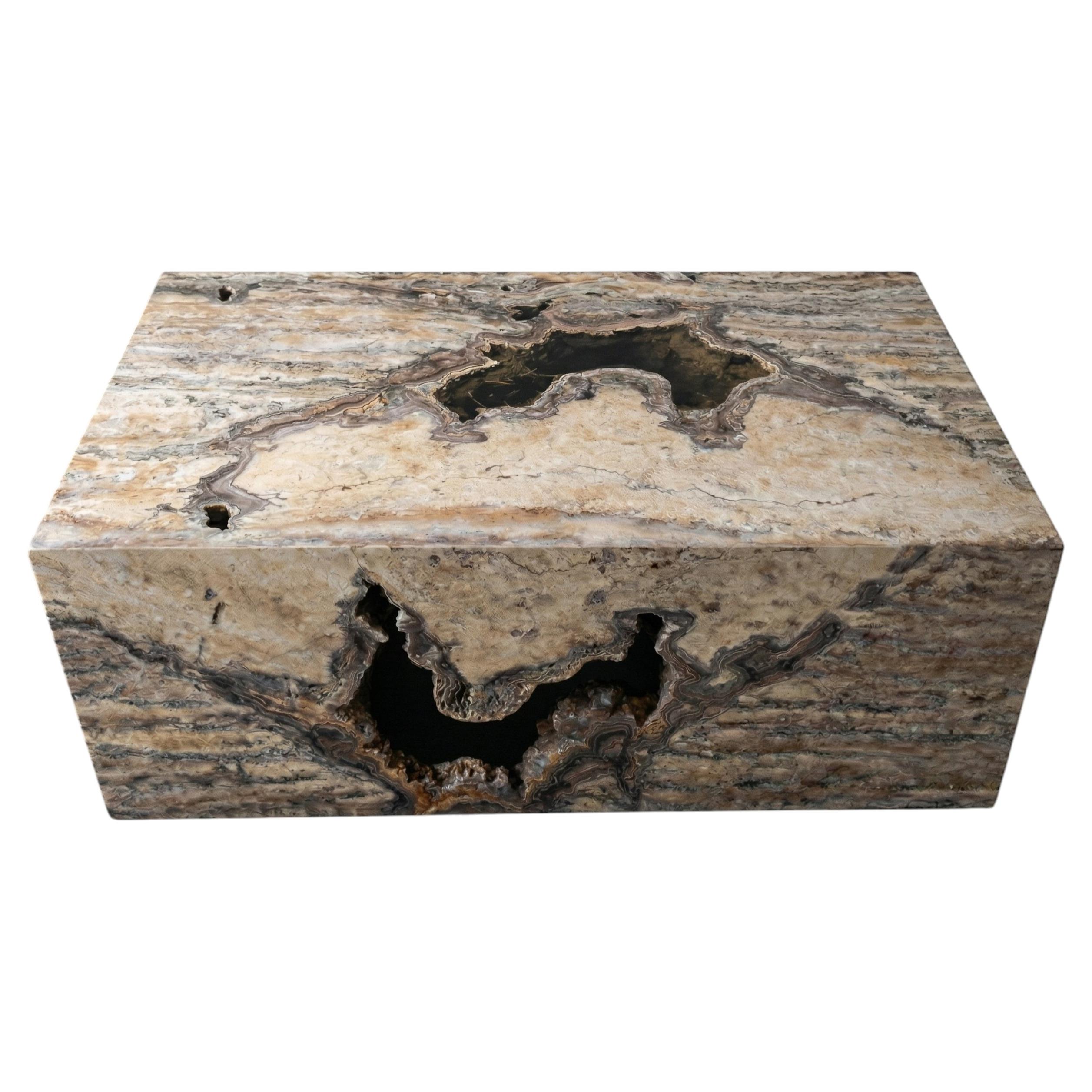 Pitted Silver Travertine Coffee Table - Unfilled Silver Travertine Center Table For Sale