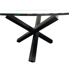 Pitted Steel Cross Beam Base Round Glass Top Dining Table, Contemporary