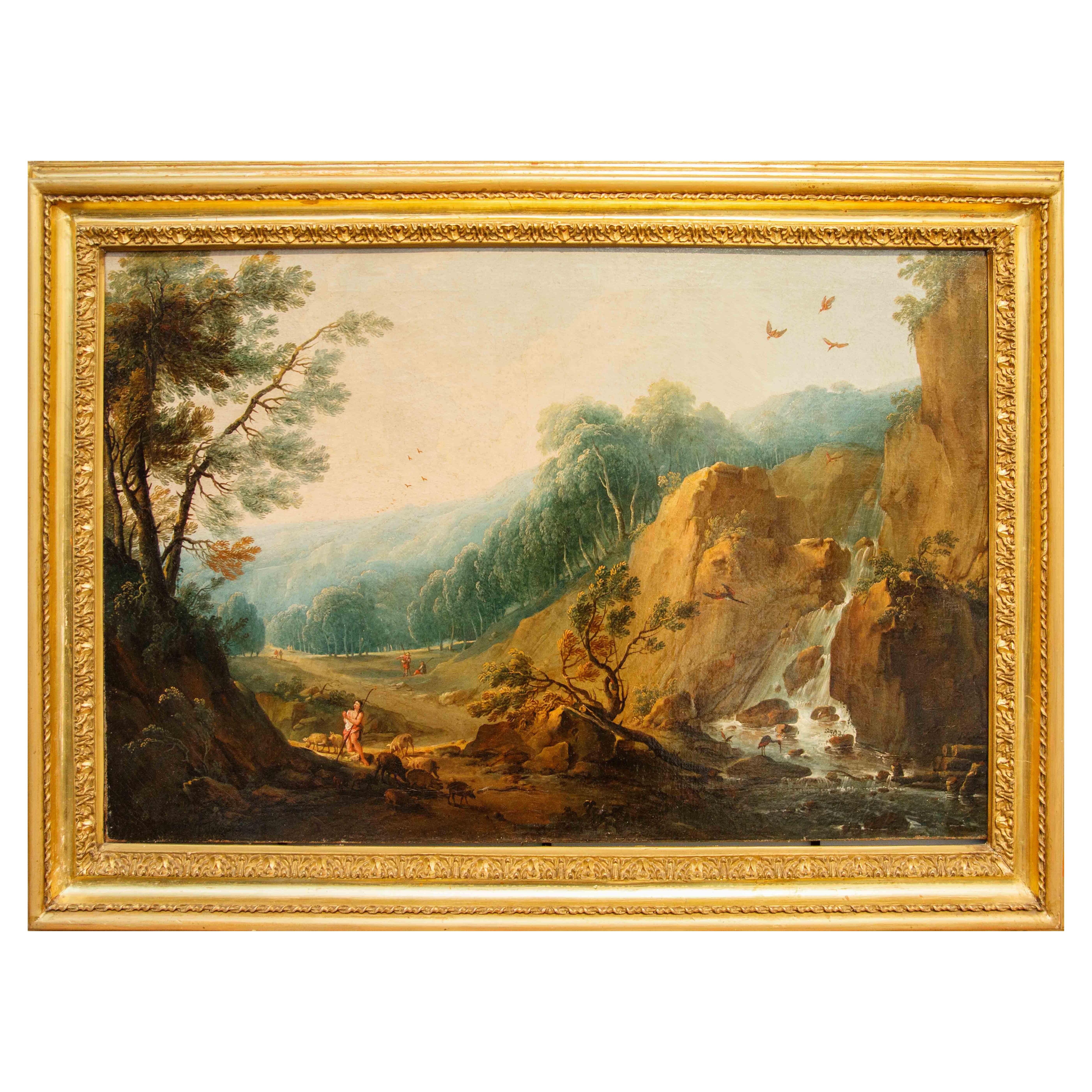 Flemish painter, Landscape with shepherd and waterfall