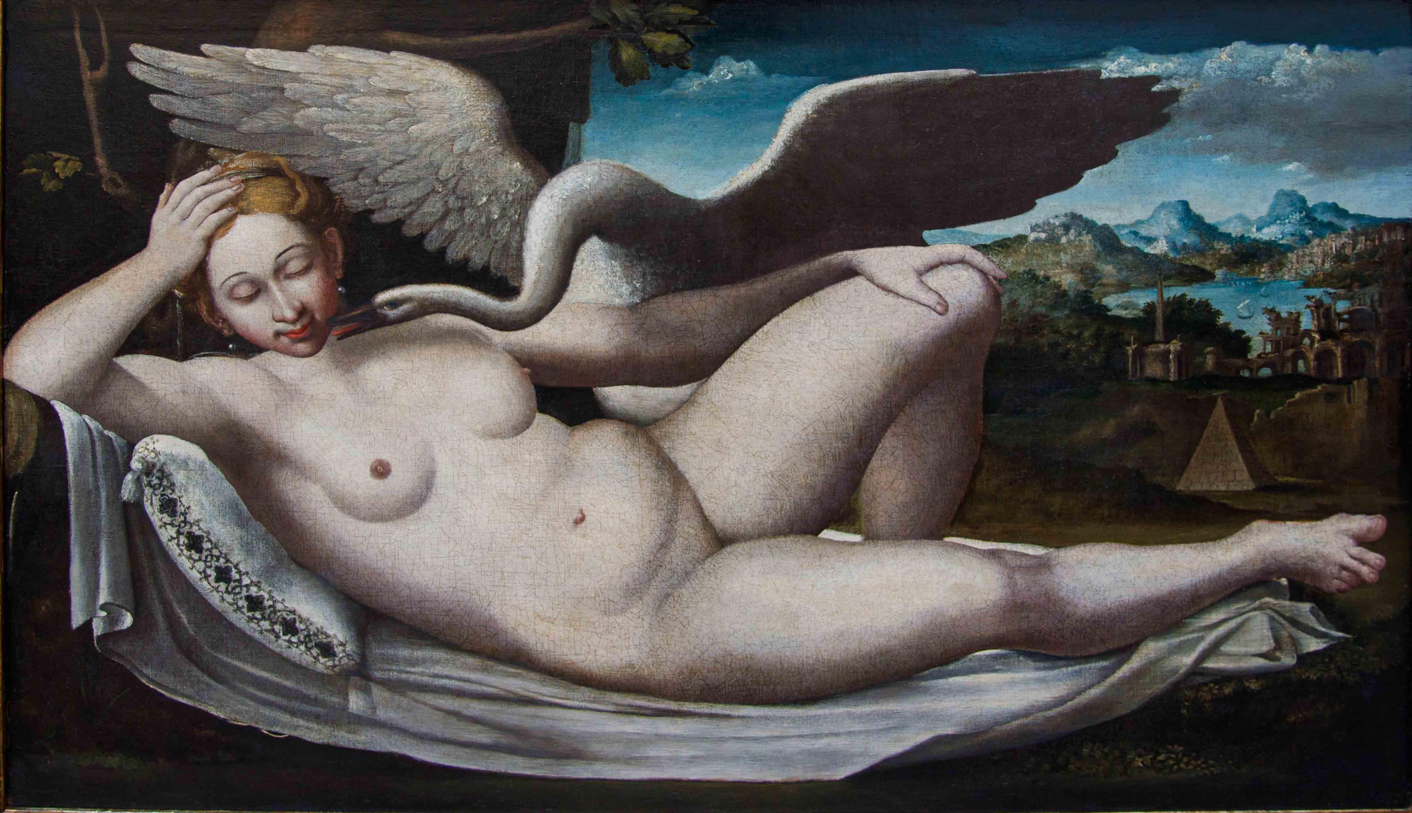 Mannerist painter, 16th century

Leda and the Swan

Oil on canvas, 87.5 x 142 cm

Initial 'P' in center of pillow embroidery

Leda, queen of Sparta and bride of Tindarus, is lying on a sheet with her torso raised by a white pillow. To his figure,