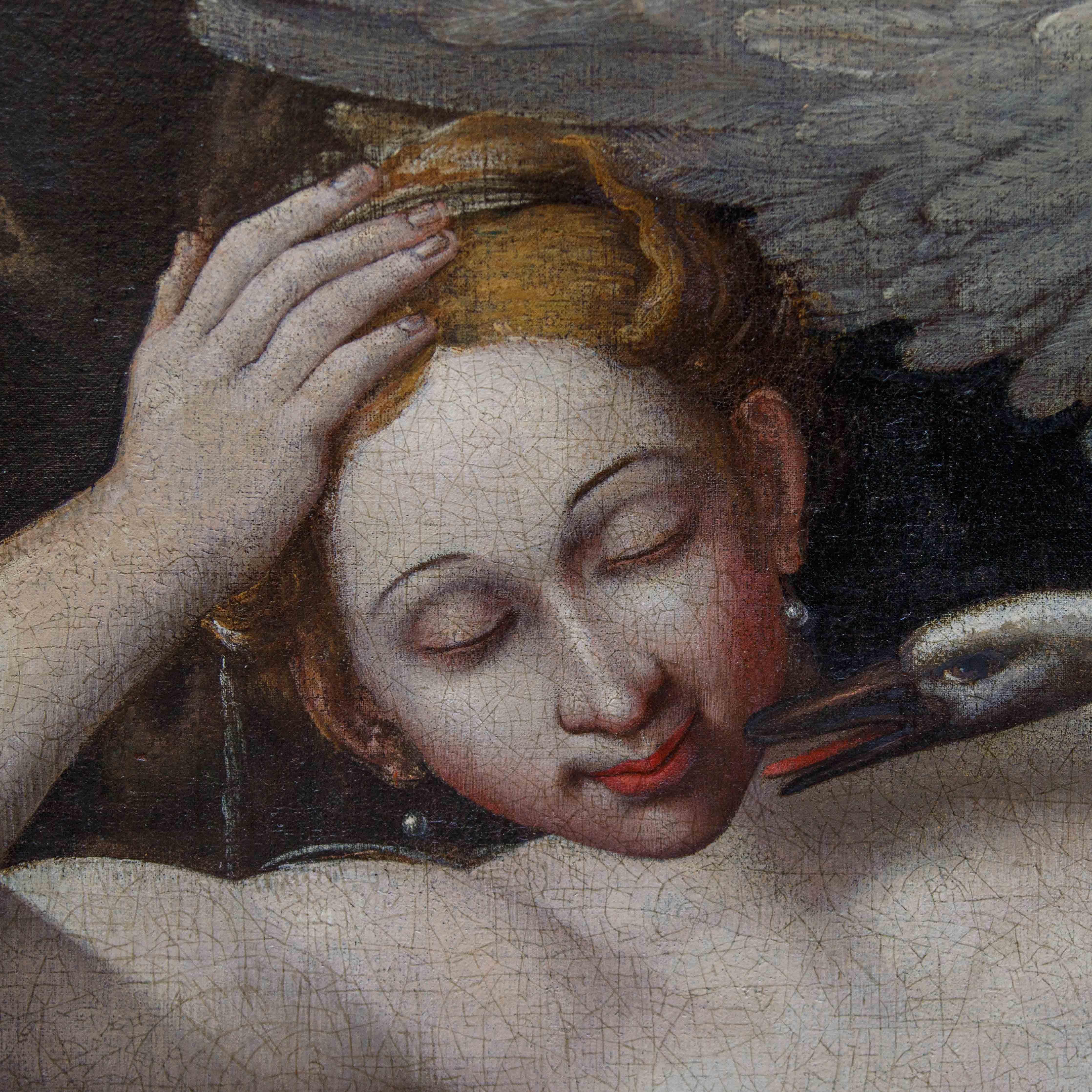 Peintre maniériste, Léda et le cygne, Huile sur toile, XVIe siècle en vente 1