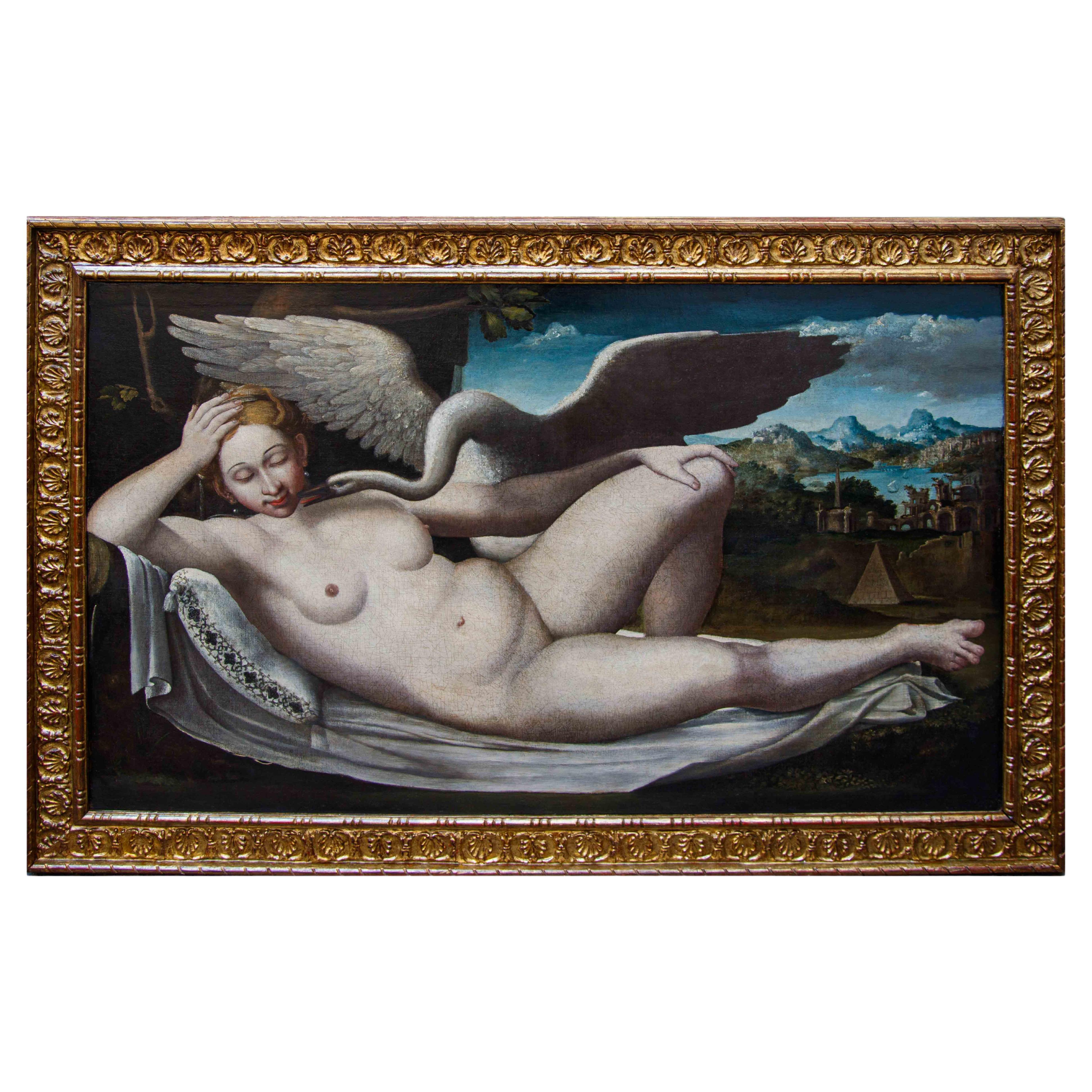 Mannerist painter, Leda and the Swan, Oil on canvas, 16th century For Sale