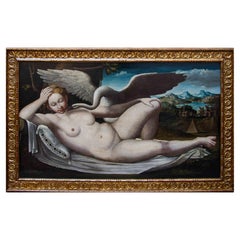 Peintre maniériste, Léda et le cygne, Huile sur toile, XVIe siècle