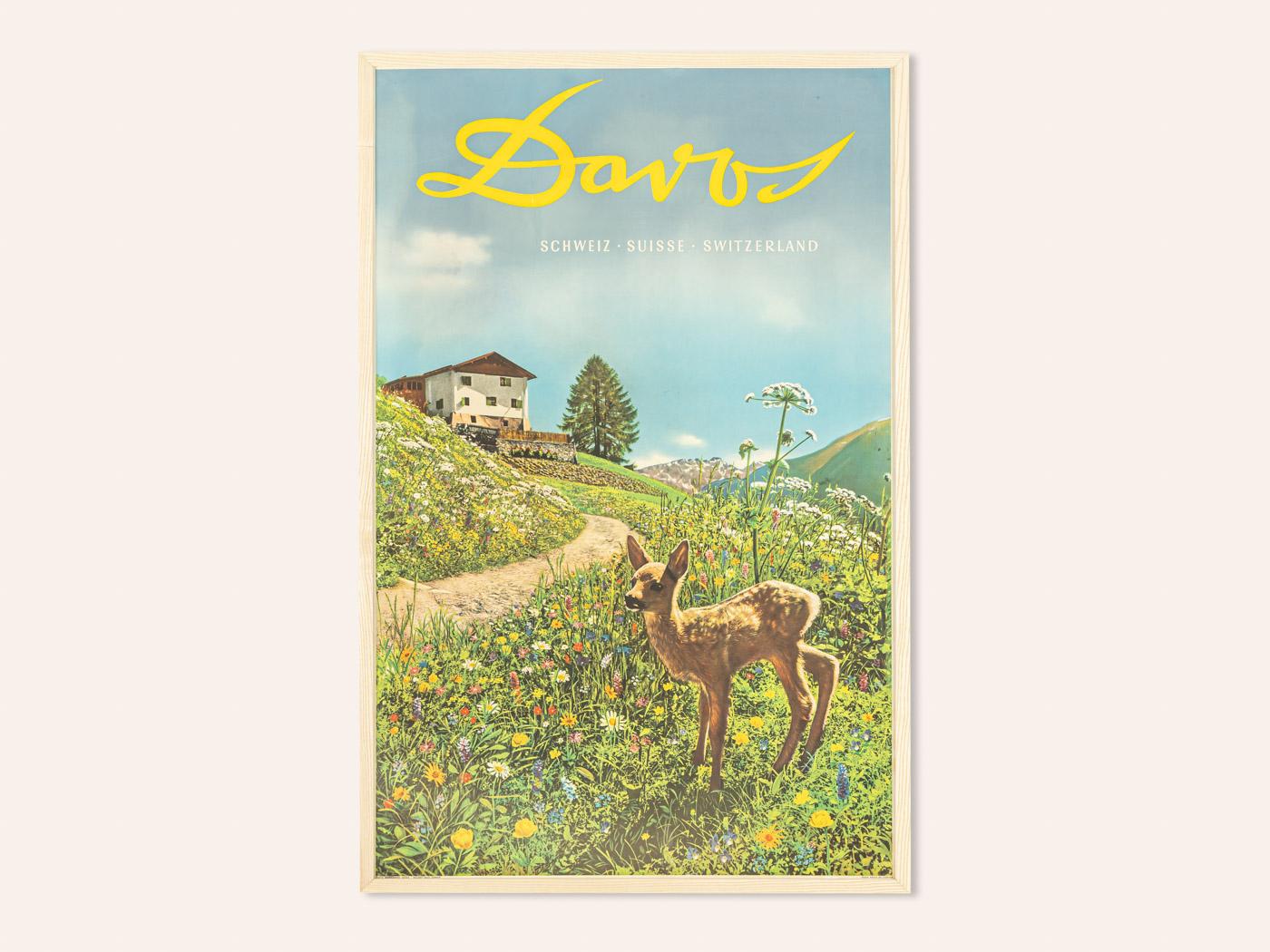 Prächtiges Davos-Poster Emil Meerkmper 1935 Schweizer Alpen Babydeer-Blumen (Land) im Angebot