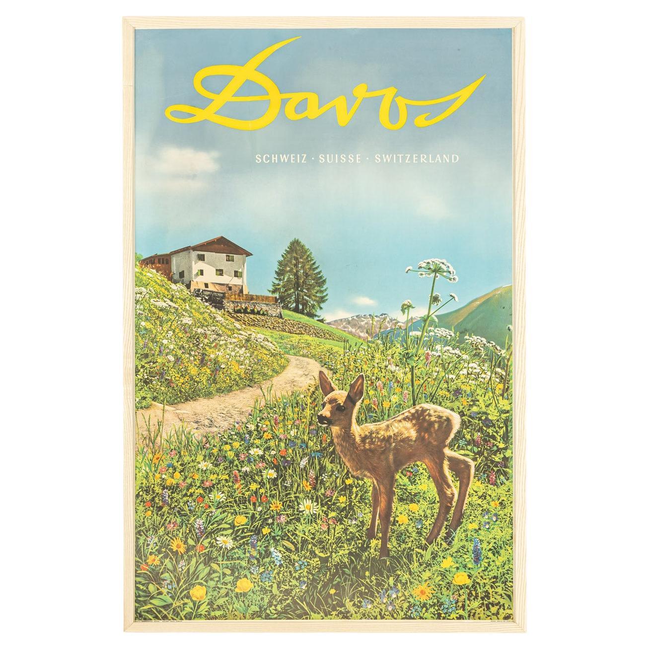 Prächtiges Davos-Poster Emil Meerkmper 1935 Schweizer Alpen Babydeer-Blumen im Angebot