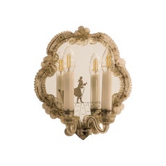 Lampada da parete in vetro pittoresco inciso, stile veneziano, originale dell'epoca