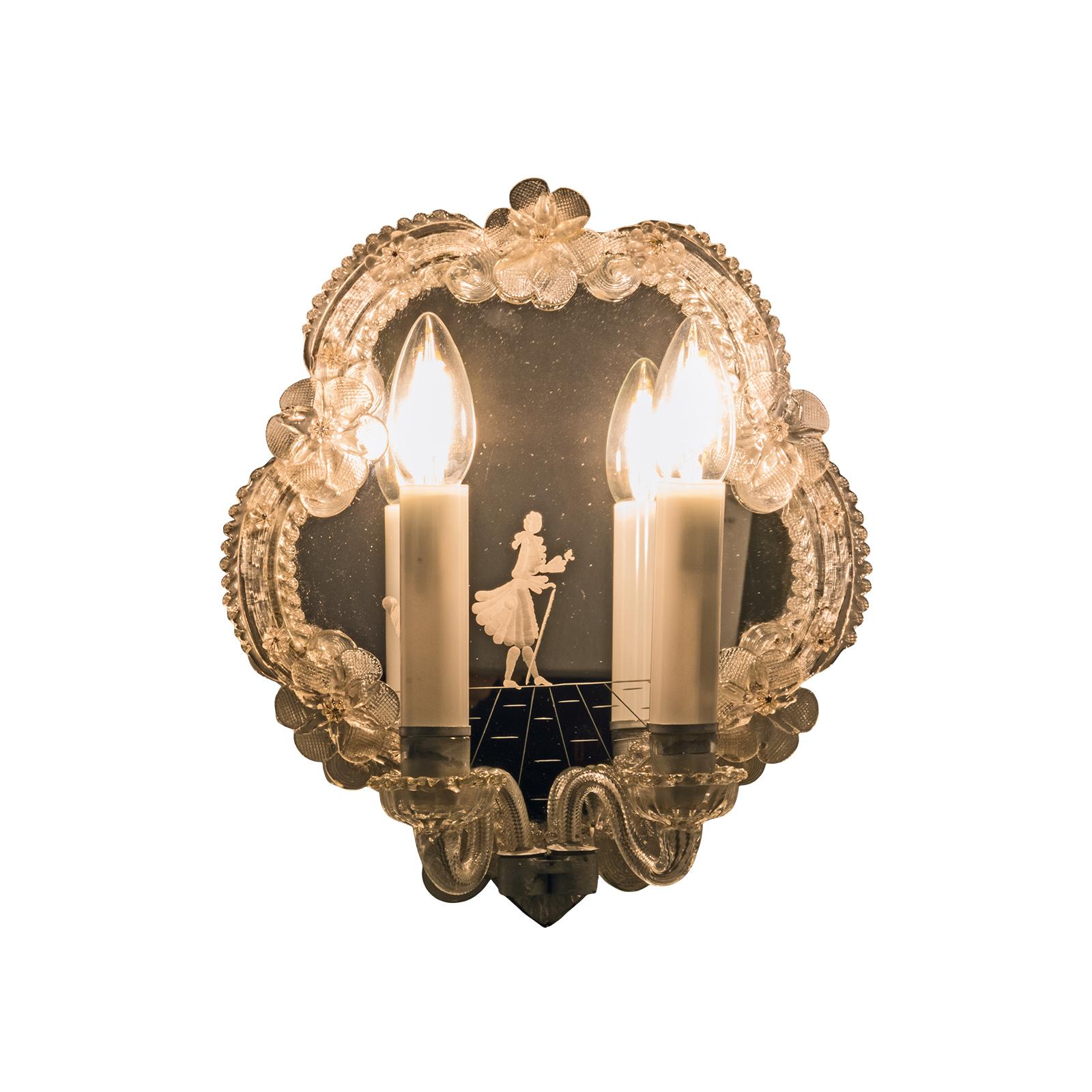 Austrian Pittoresque Glass Engraved, Venetian Style Wall Lamp, Original of the Time For Sale