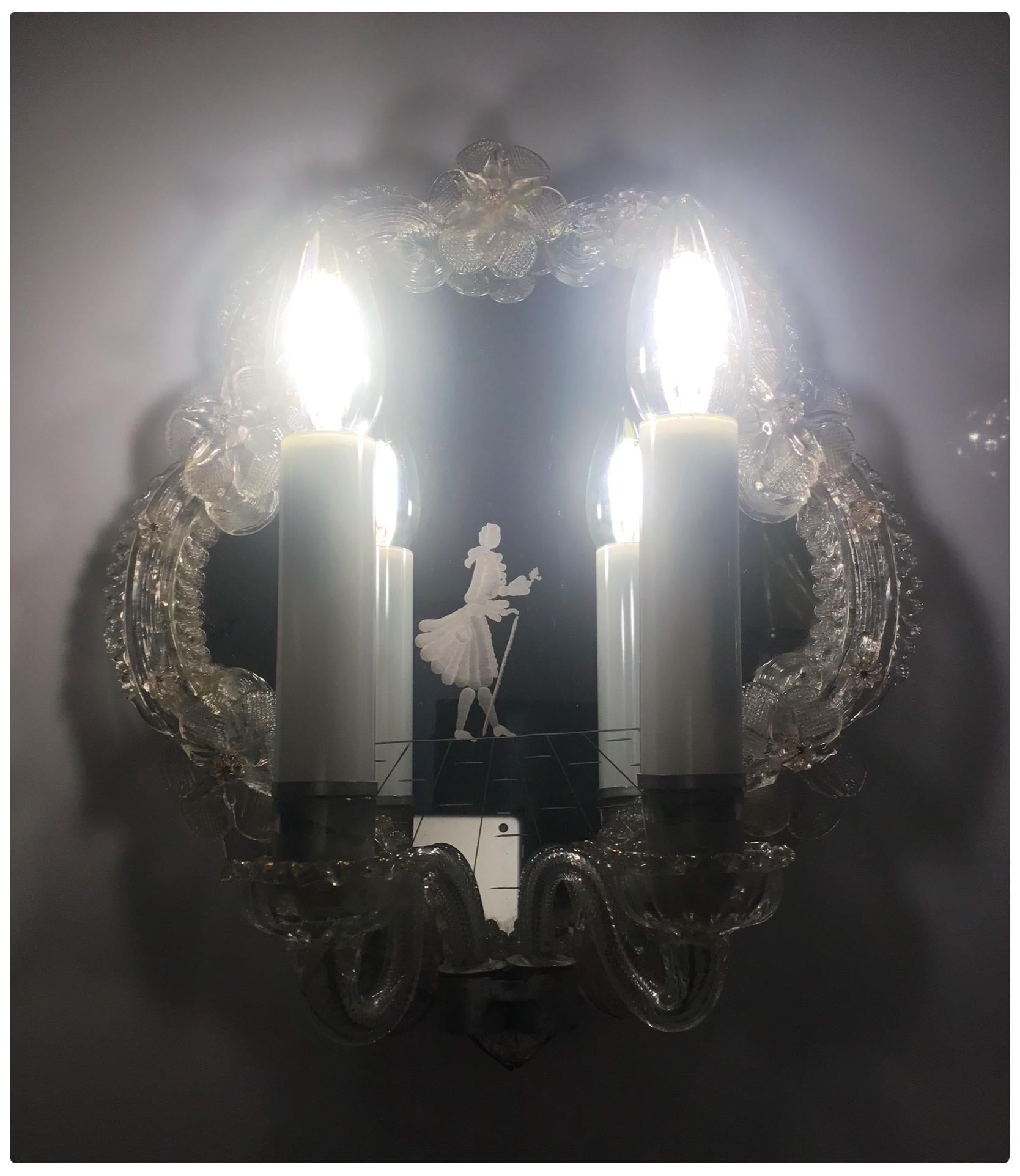 Lámpara de Pared de Vidrio Pittoresco Grabado, Estilo Veneciano, Original de la Época Austríaco en venta