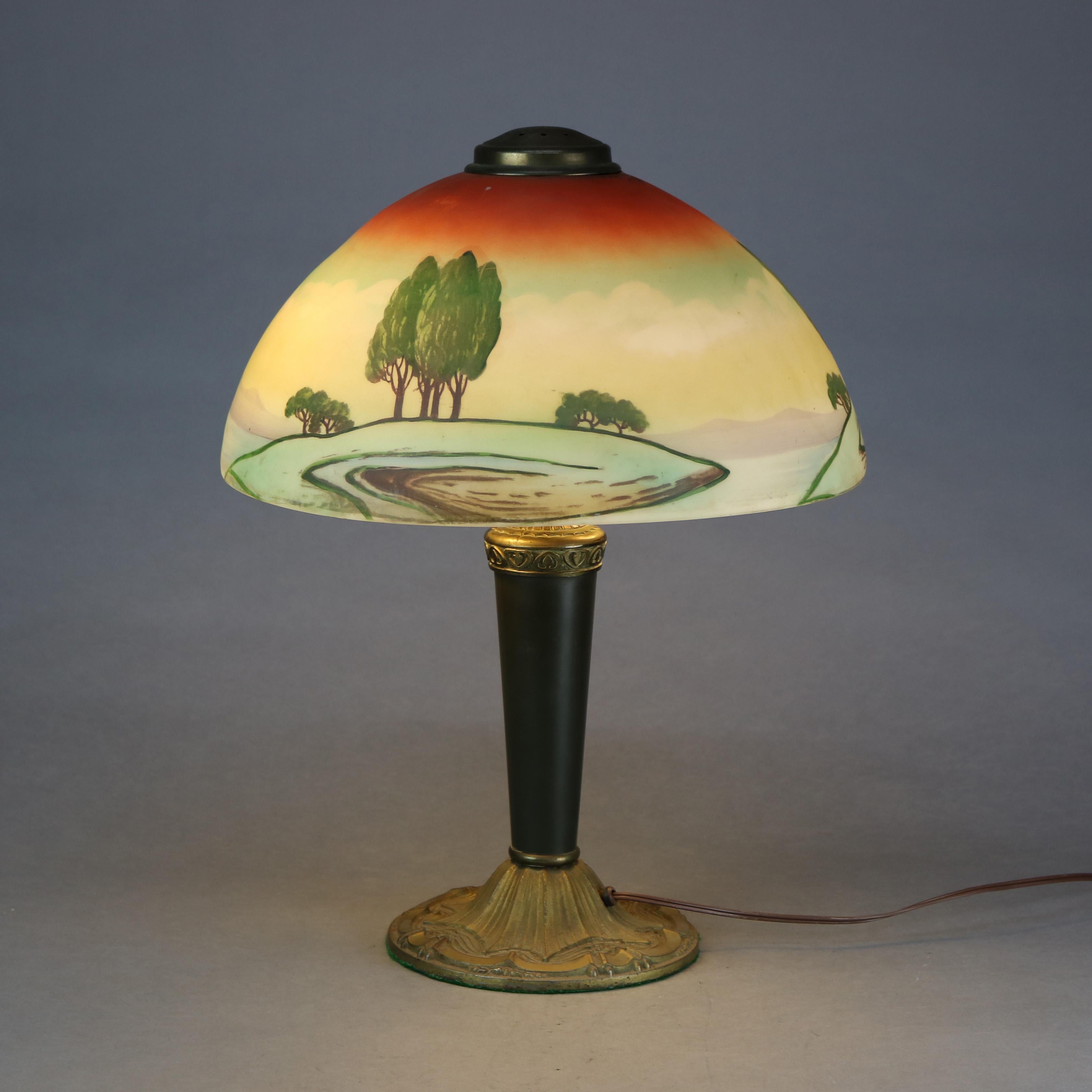 Metal Pittsburgh Arts & Crafts Obverse Hand-Painted Landscape Shade Table Lamp, c1920