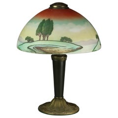 Pittsburgh Arts & Crafts Obverse Hand-Painted Landscape Shade Table Lamp, c1920