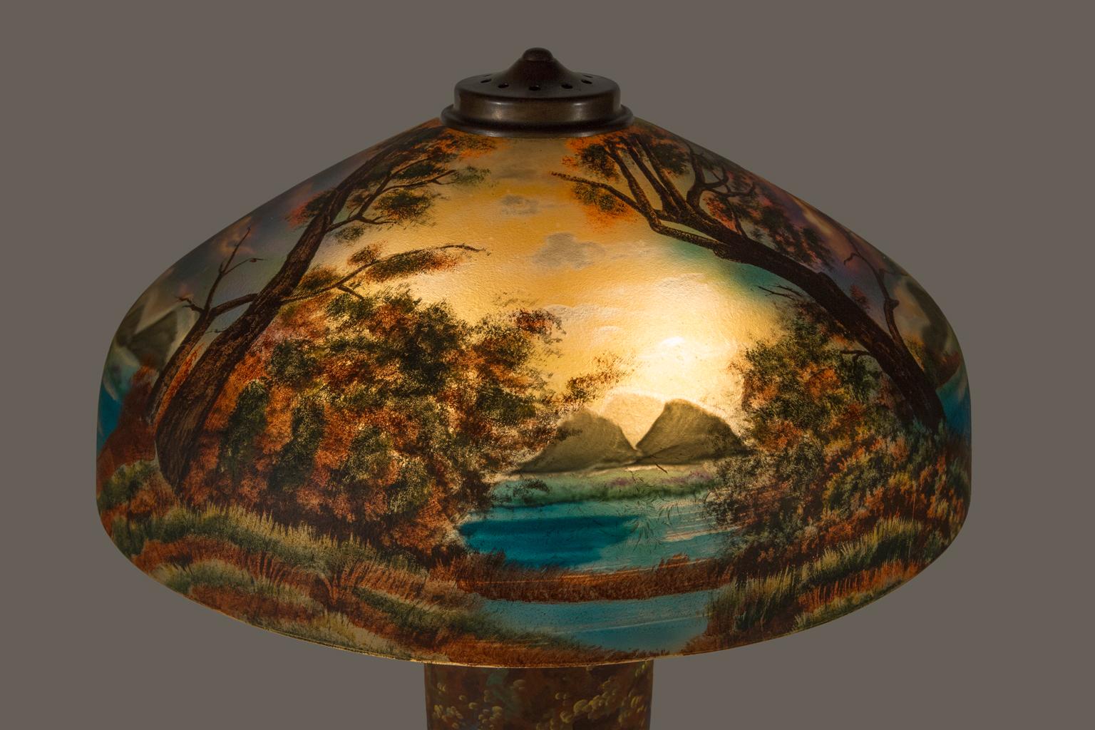 20th Century Pittsburgh Glass Company Nicolas Kopp Reverse Glass Painting Shade & Lamp  For Sale