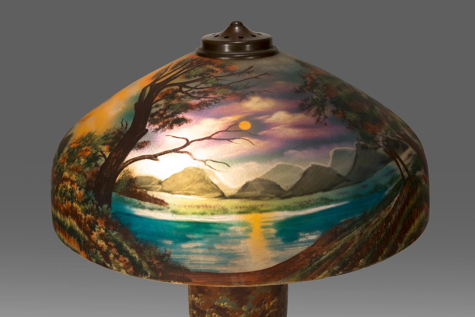 Pittsburgh Glass Company Nicolas Kopp Reverse Glass Painting Shade & Lamp  For Sale 1