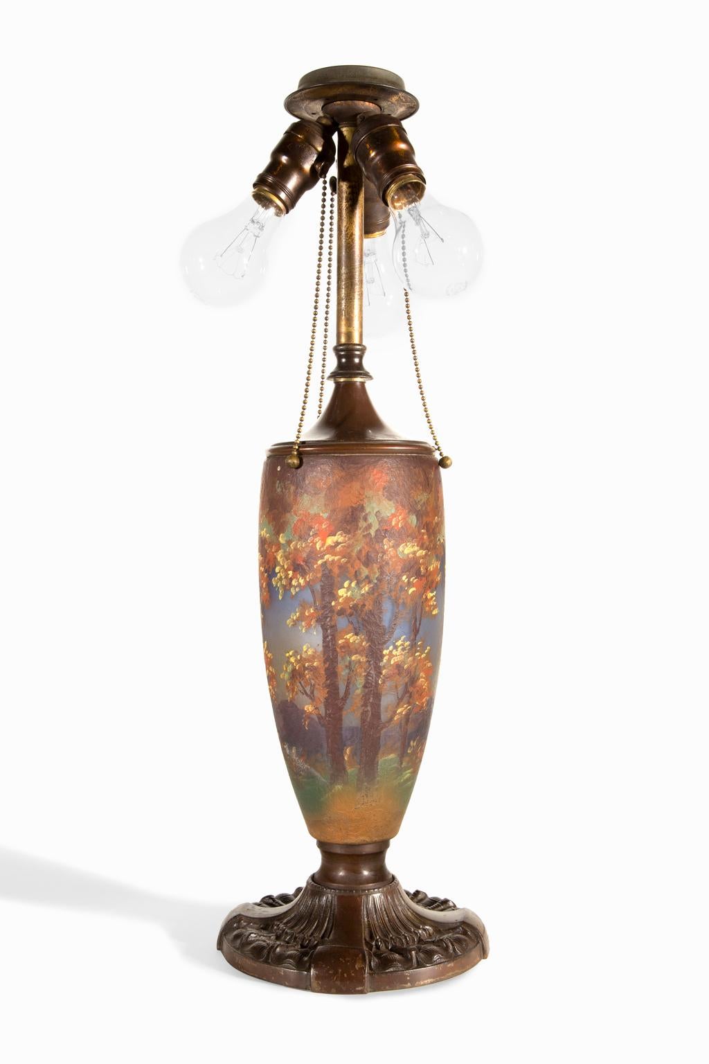 Art Nouveau Pittsburgh Glass Company Nicolas Kopp Reverse Glass Painting Shade & Lamp  For Sale