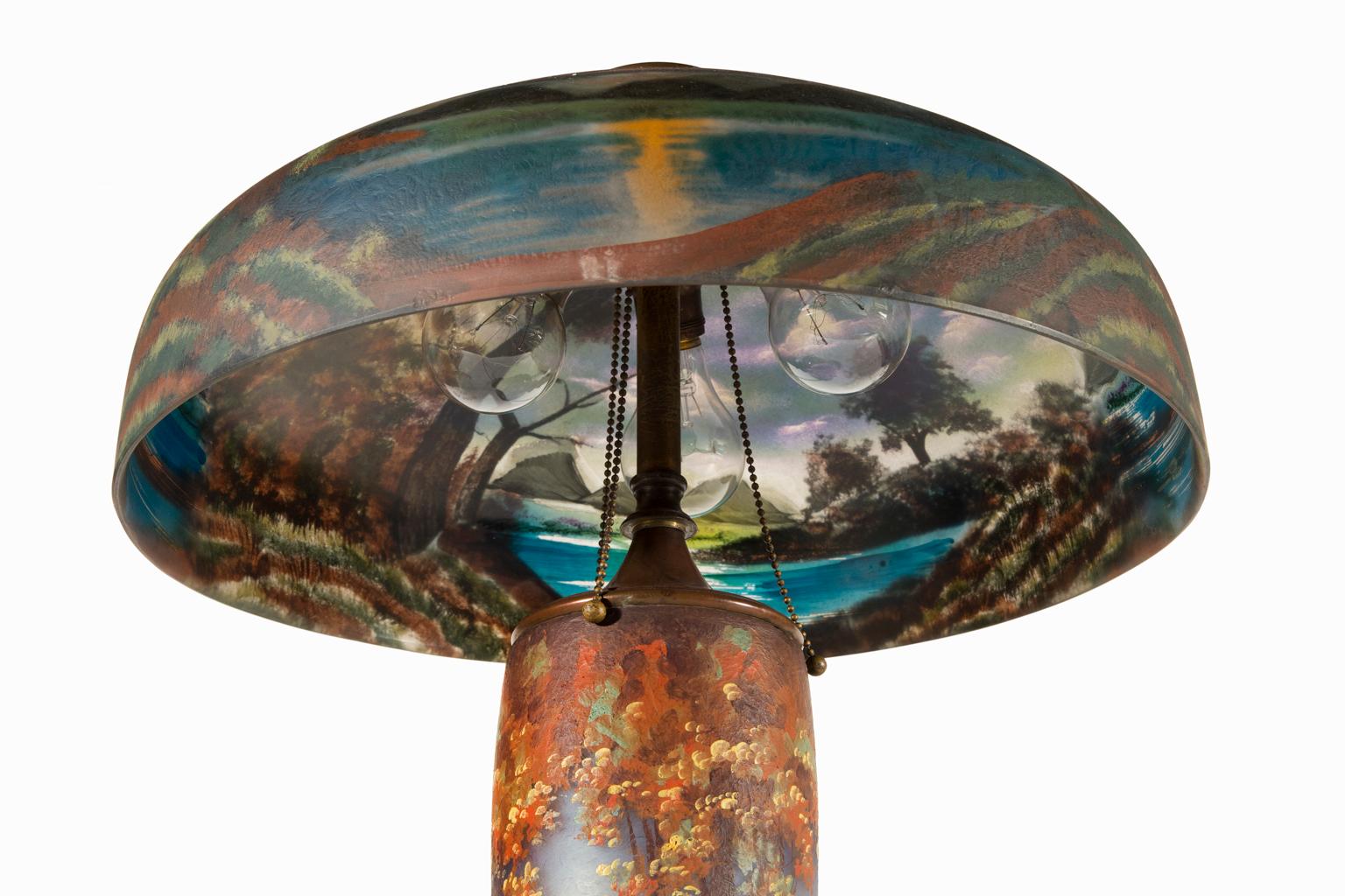 American Pittsburgh Glass Company Nicolas Kopp Reverse Glass Painting Shade & Lamp  For Sale