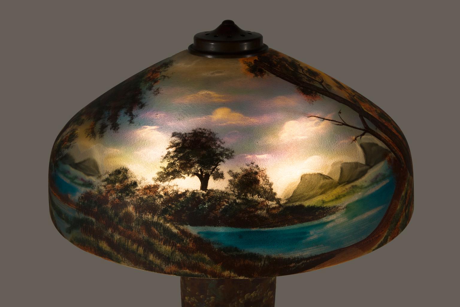 Hand-Crafted Pittsburgh Glass Company Nicolas Kopp Reverse Glass Painting Shade & Lamp  For Sale
