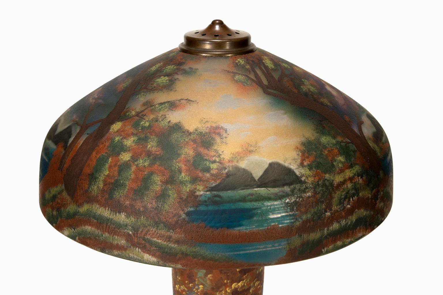 Pittsburgh Glass Company Nicolas Kopp Reverse Glass Painting Shade & Lamp  In Excellent Condition For Sale In Bloomfield Hills, MI