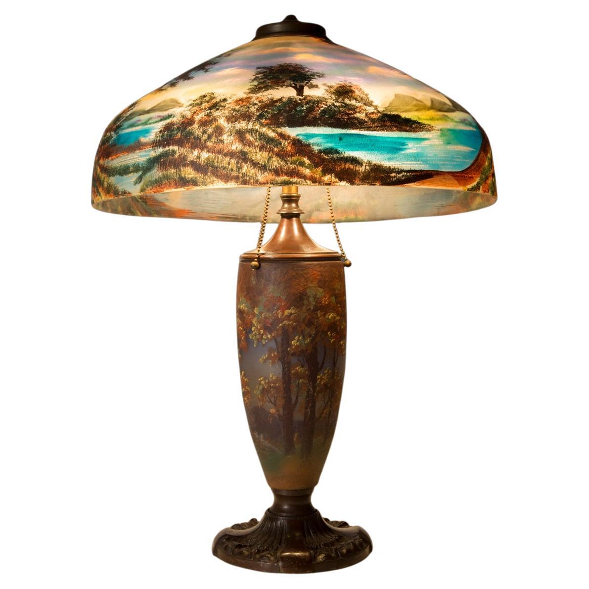 Pittsburgh Glass Company Nicolas Kopp Reverse Glass Painting Shade & Lamp  For Sale