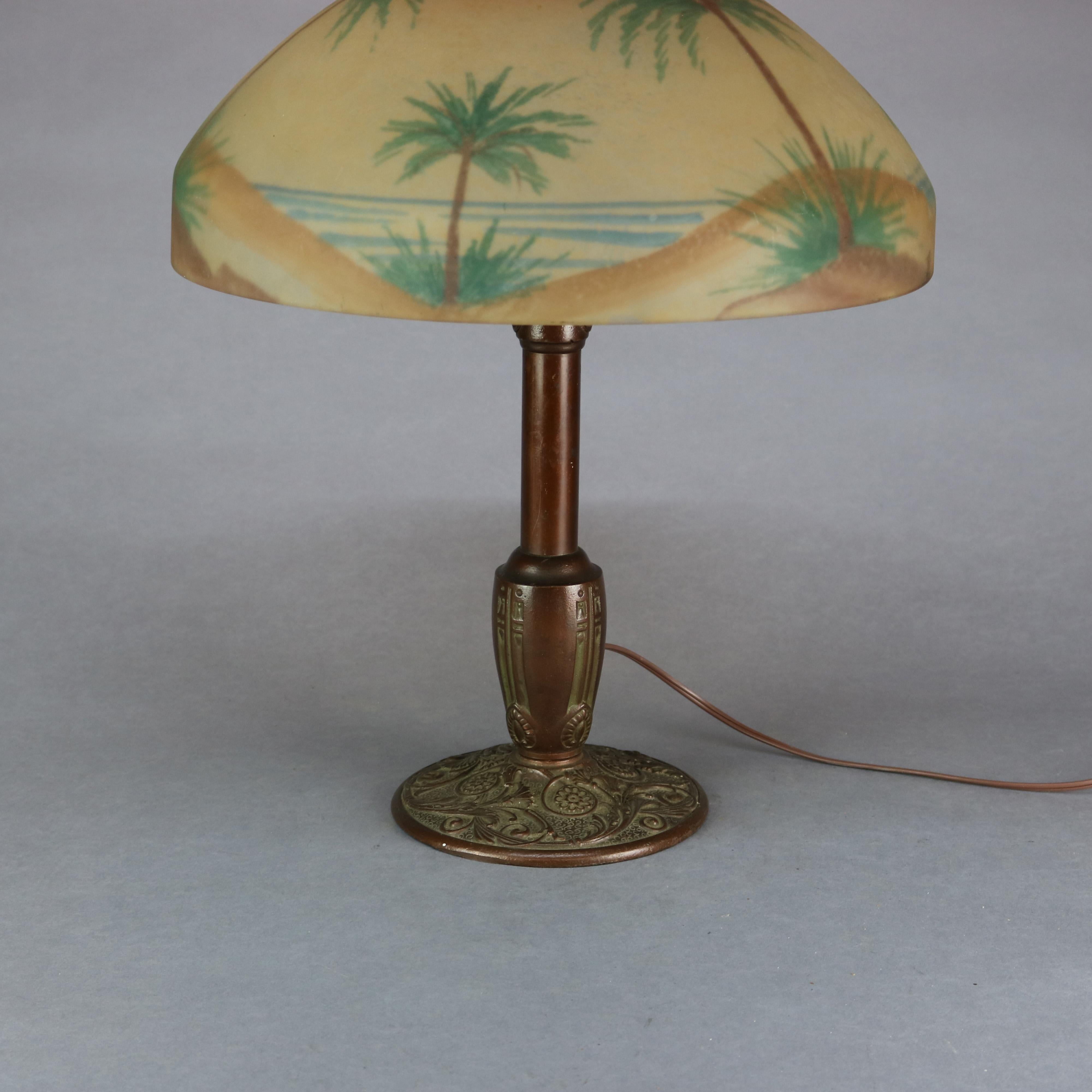 Cast Pittsburgh Reverse Painted Arts & Crafts Beach Sunset with Palms Table Lamp 1920