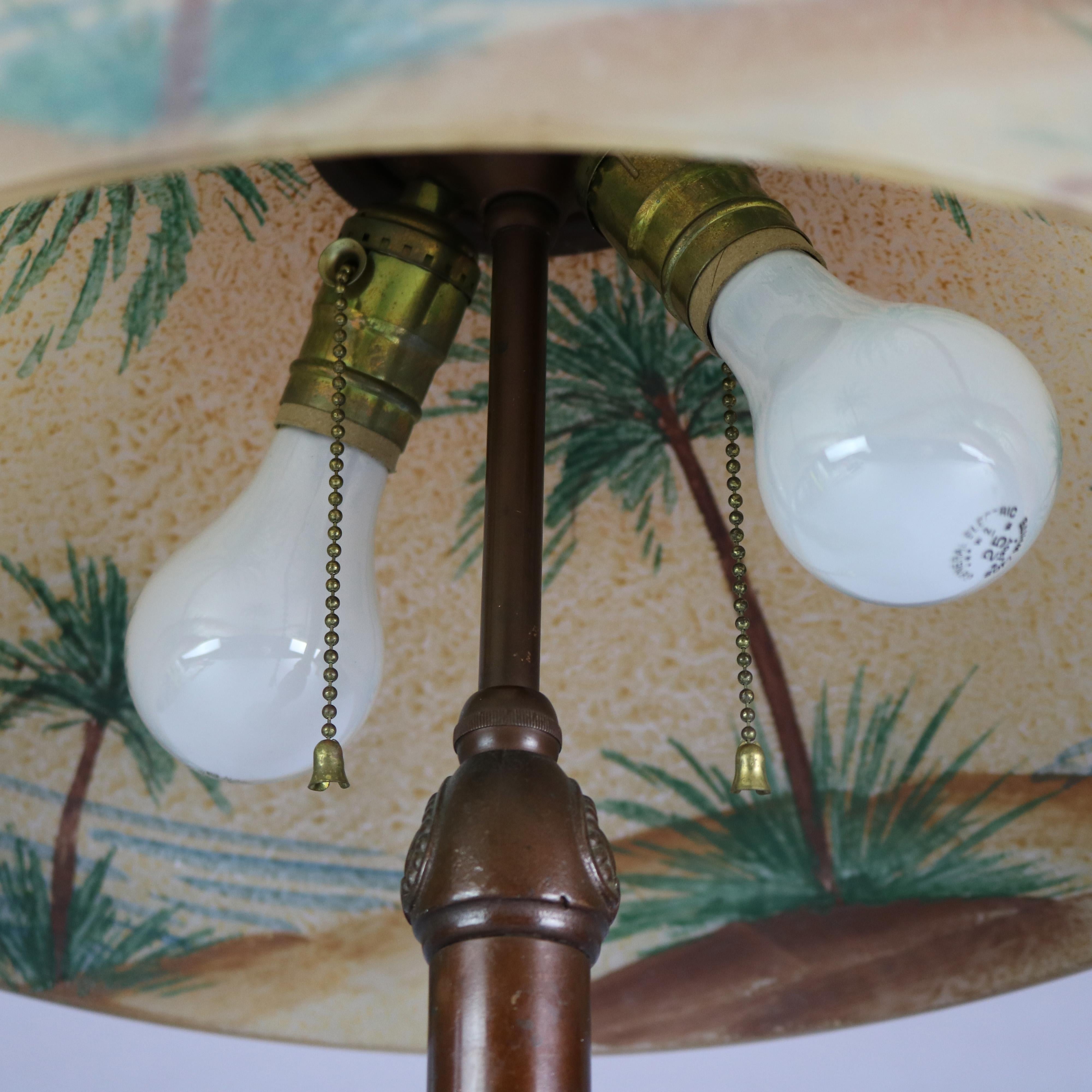 Pittsburgh Reverse Painted Arts & Crafts Beach Sunset with Palms Table Lamp 1920 In Good Condition In Big Flats, NY