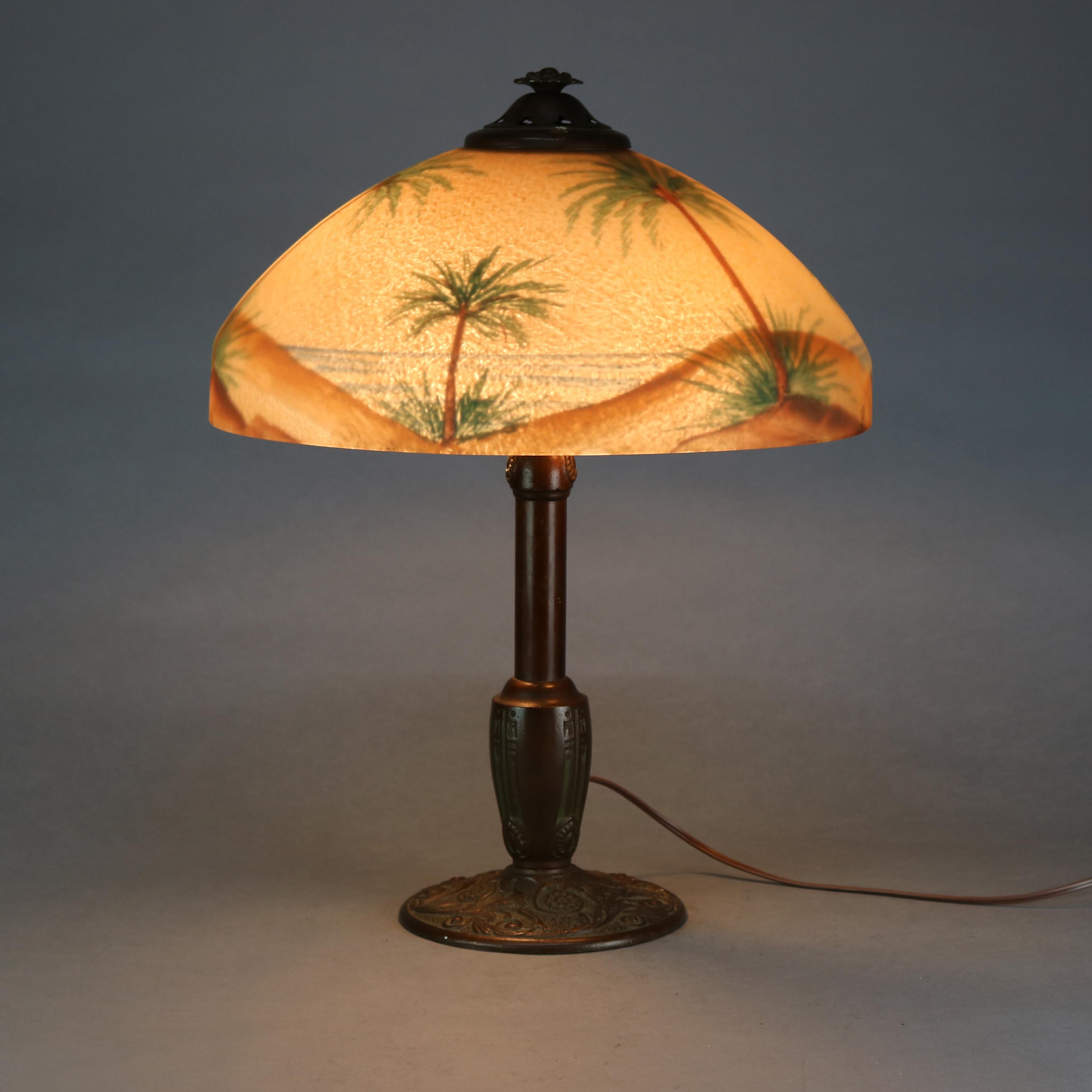 Metal Pittsburgh Reverse Painted Arts & Crafts Beach Sunset with Palms Table Lamp 1920