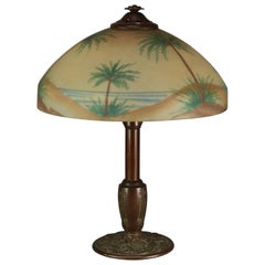 Antique Pittsburgh Reverse Painted Arts & Crafts Beach Sunset with Palms Table Lamp 1920