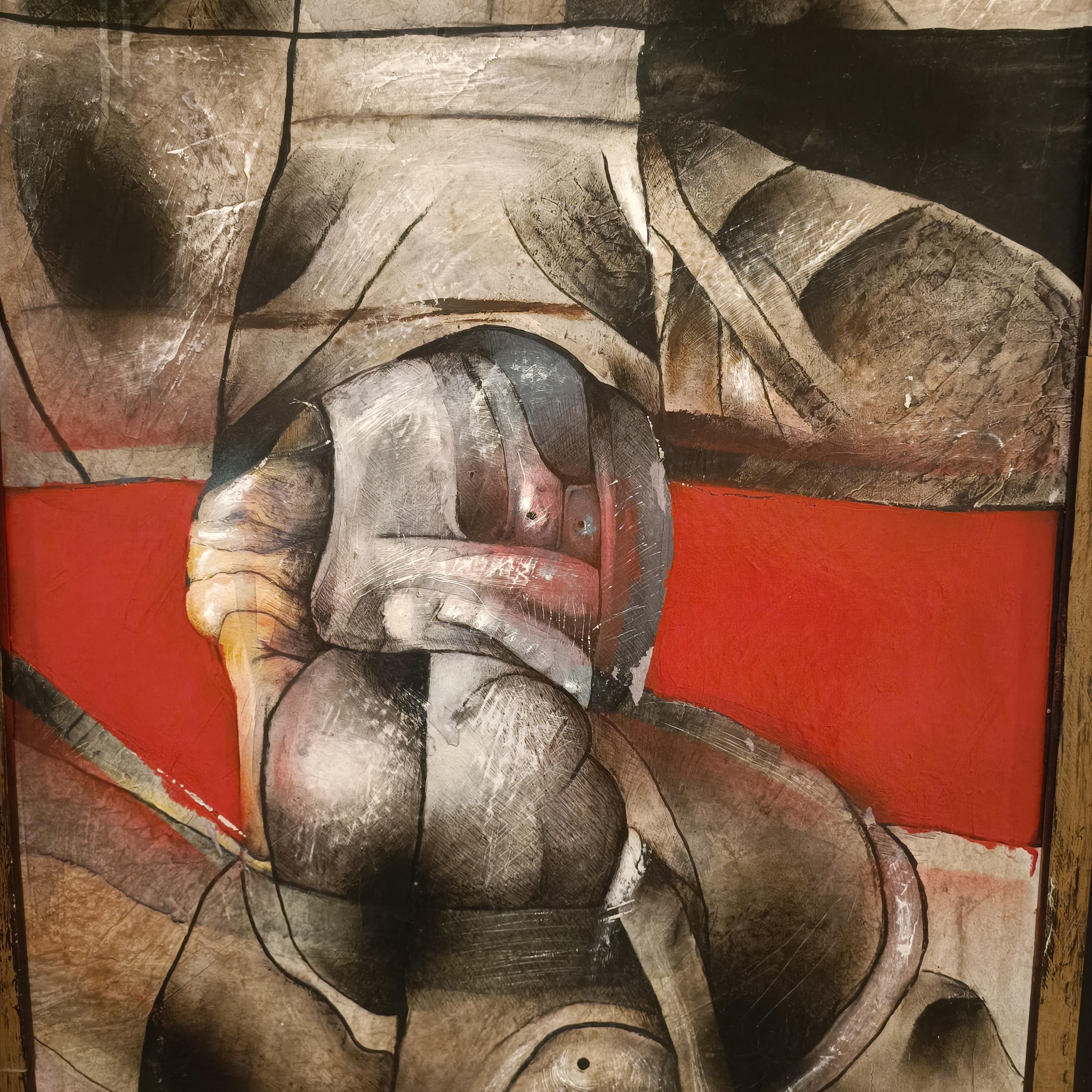 Pintura brutalista años 50 técnica mixta sobre cartón Italian en venta