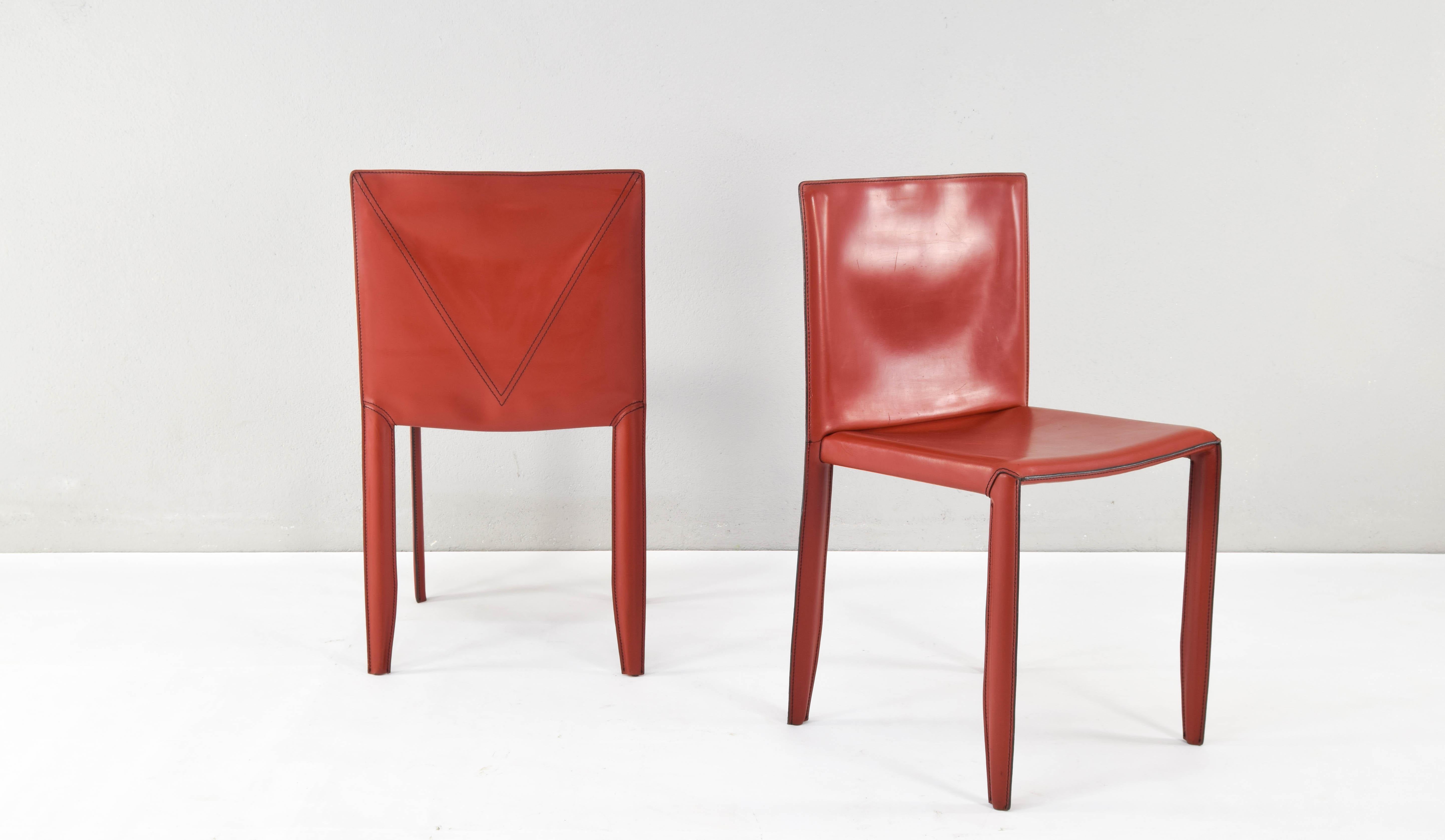Steel Piuma Italian Modern Leather Chairs Set of Two by Studio Kronos for Cattelan 90s