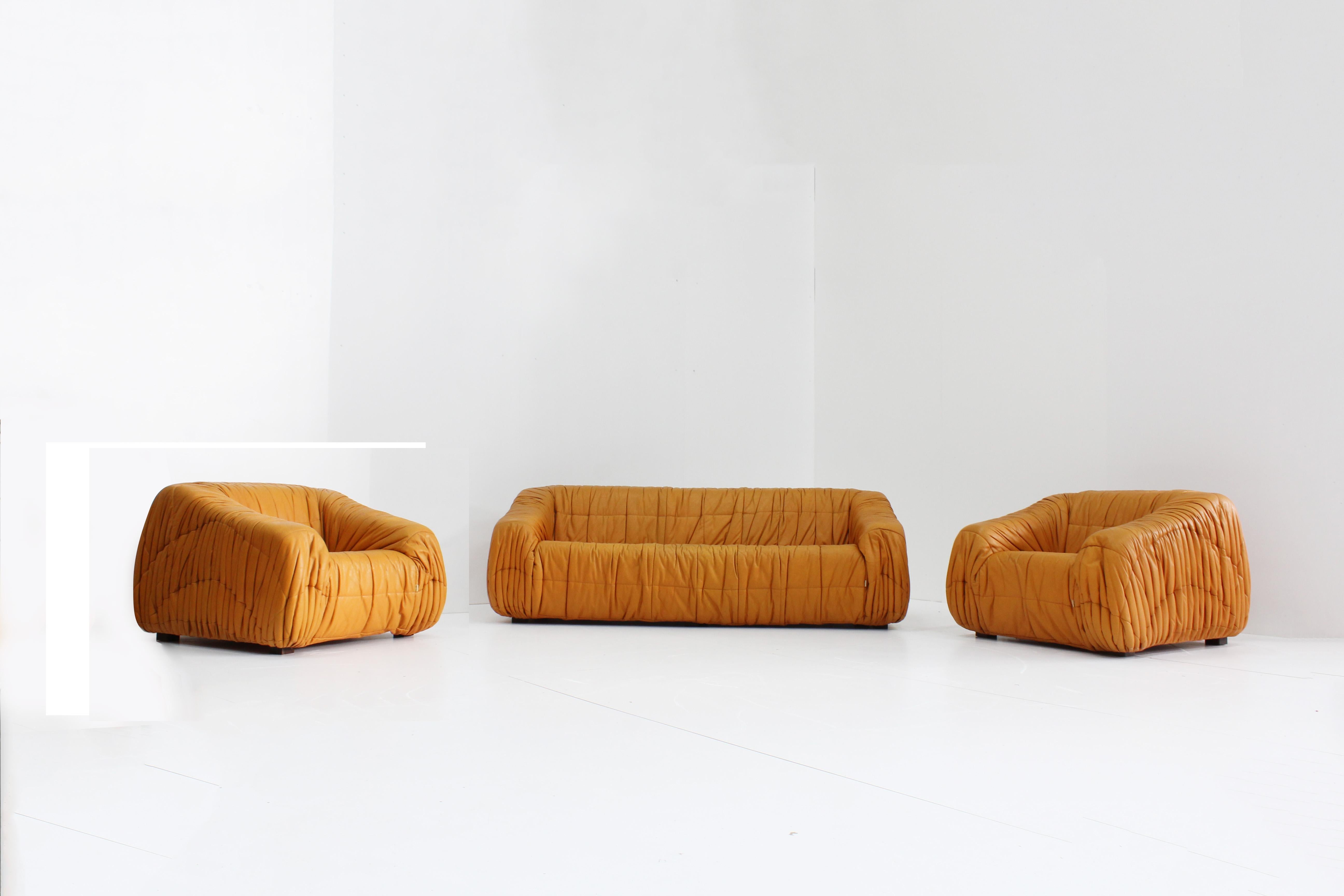Piumino cognac sofa and armchairs set by De Pas, D’urbino & Lomazzi for Dell’Oca 8