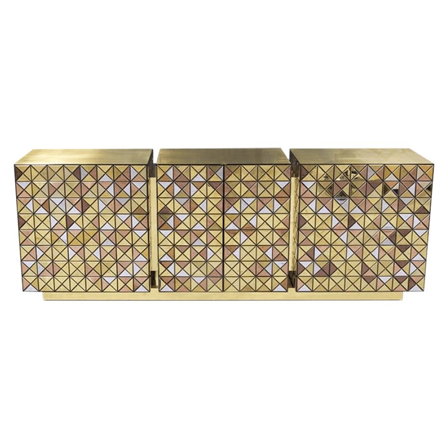 Modern Contemporary Pixel Anodized Sideboard is a double-sided sideboard with three doors covered by triangles made from anodized aluminum. Different tones of stainless steel in gold, copper, and silver; with brushed and polished finishes. This
