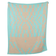 Pixel Map Knit Throw Blanket Textile in Aquamarine Green and Natural