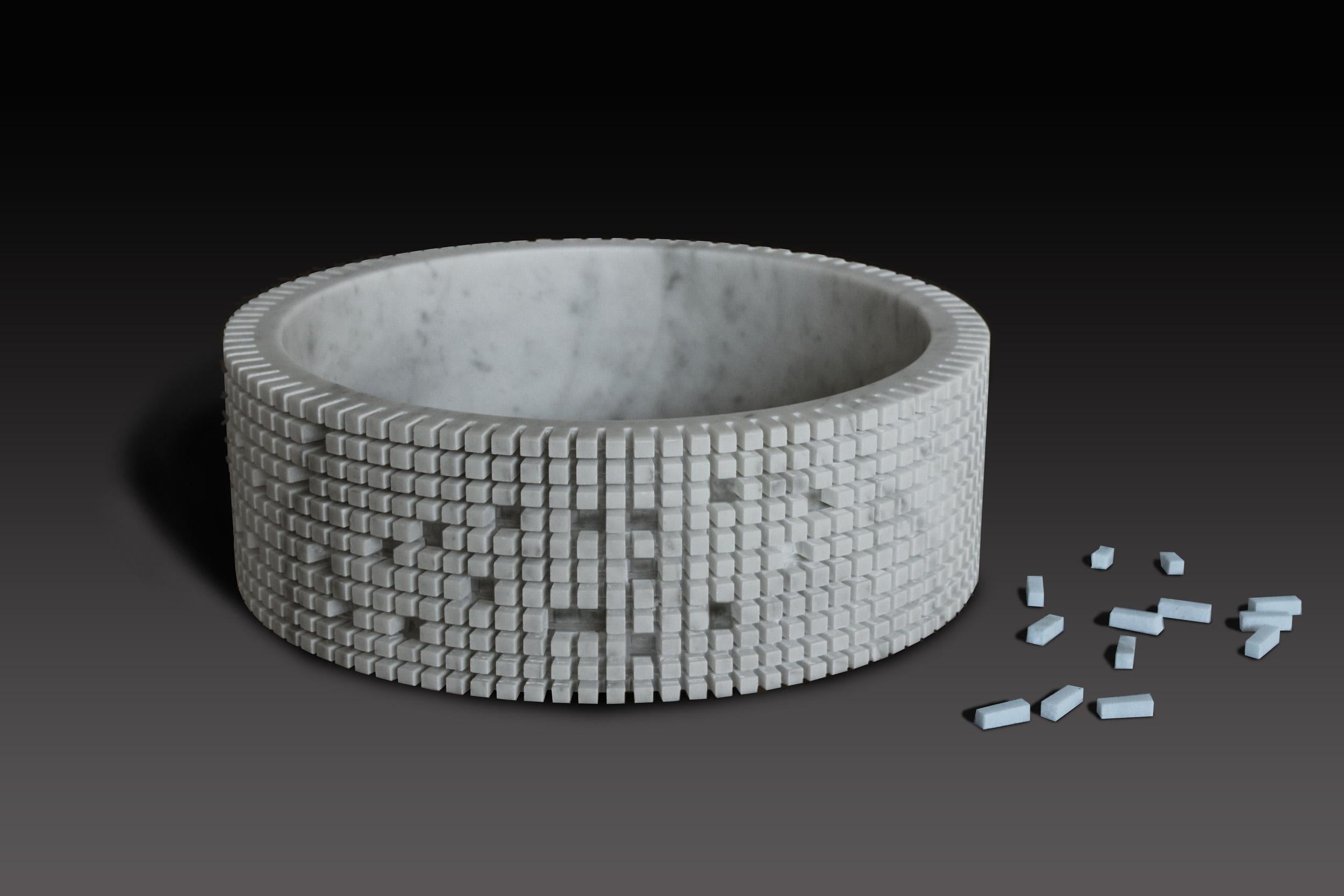 Pixel S3 Decorative Vase in White Carrara Marble by Bufalini Marmi
Dimensions: Ø 40 x H 12 cm. 
Materials: White Carrara marble.

Available in different sizes and stone options. Prices may vary.  Please contact us. 

Three-dimensional pixels
The