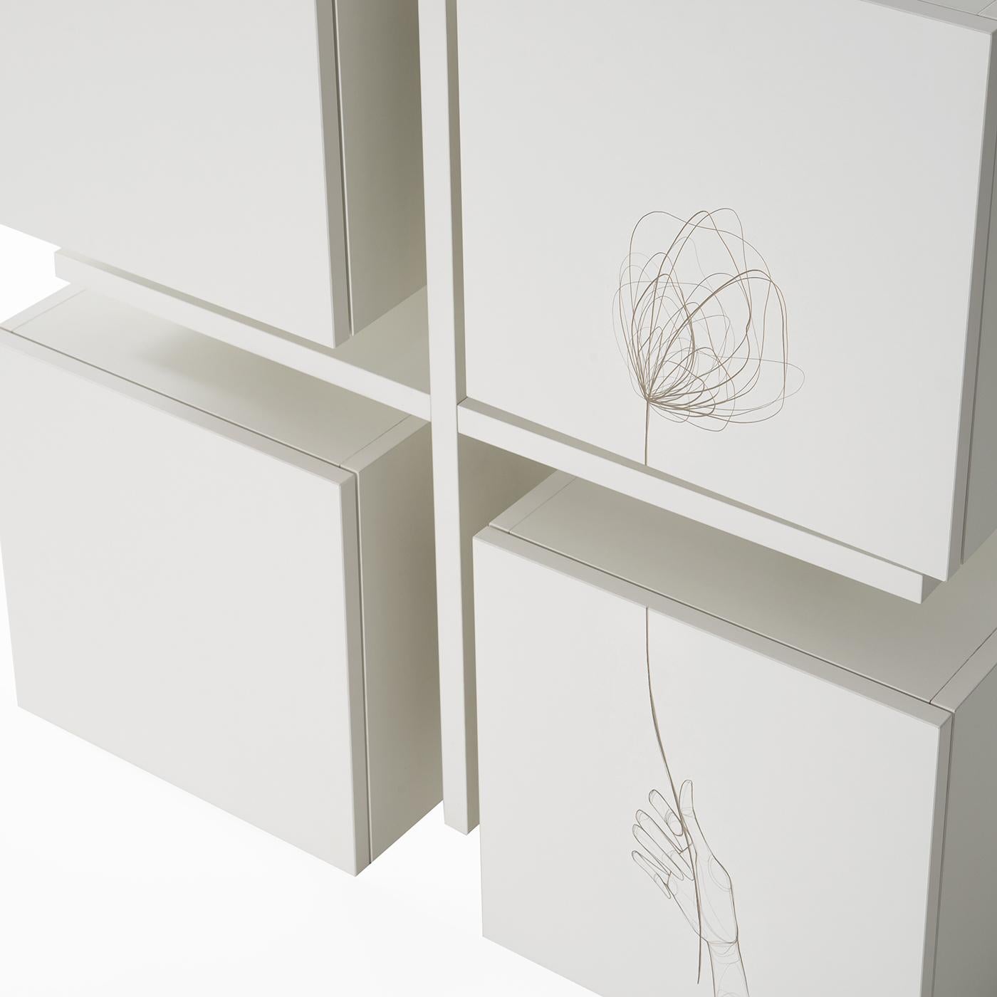 Modern and functional, this floating wall unit is part of an exclusive collection of 58 pieces featuring distinctive and delicate graphic designs. The four, white-lacquered laminate squares are connected on two sides with a metal round spacer (5 x 5