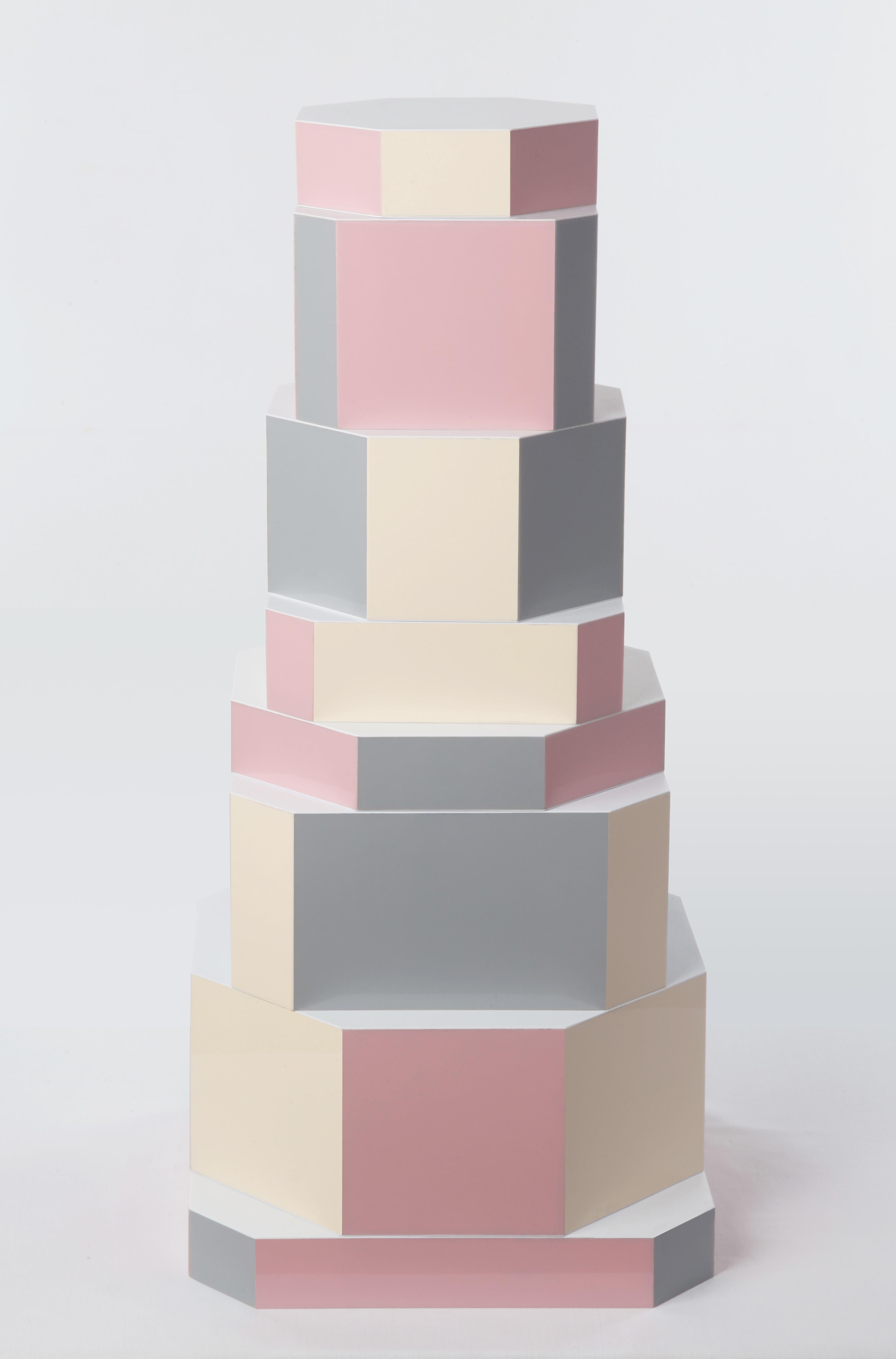Pixel Ziggurat boxes by Oeuffice
Edition: 12 + 2AP
2012
Dimensions: 25 x 25 x 55 cm
Materials: Wood box, acrylic

The Pixel edition is a playful interpretation of the Ziggurat series that
uses a soft array of complimentary pastel colors to