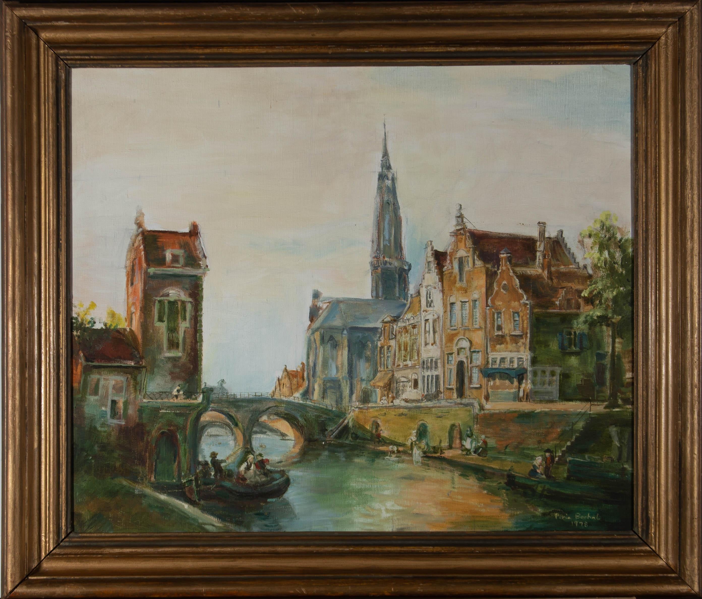 Pixie Bechal - 1978 Oil, Town Scene with Figures 2