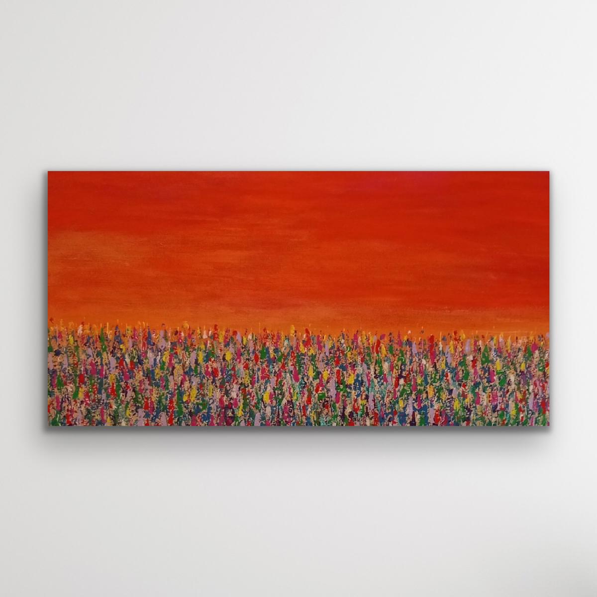 The colour choice for the sky emanates a deep warmth - reds and yellows and oranges and pinks all blended together. The bright colours of the flowers give a pop to the painting giving out happy vibes.

Discover more original artwork by Pixie