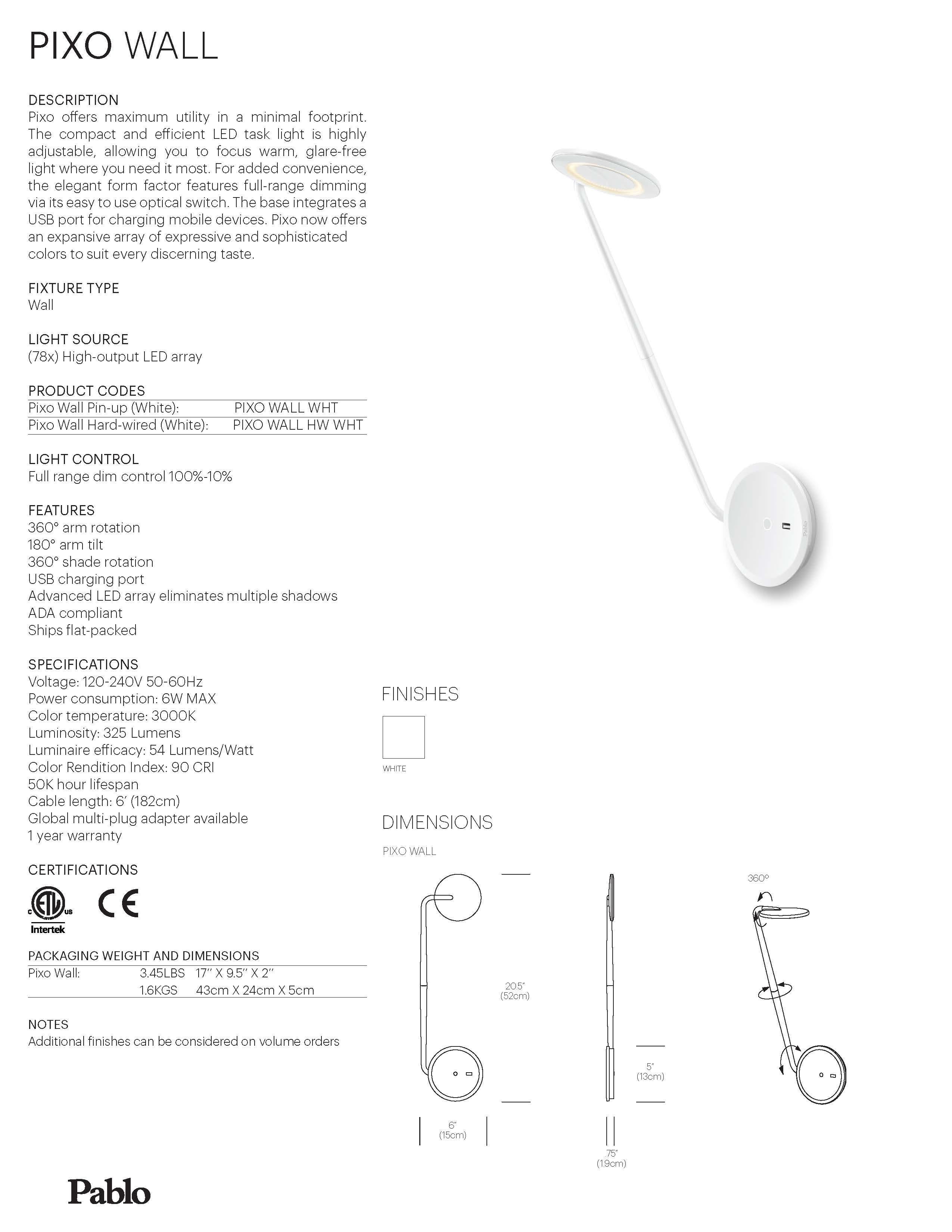 Pixo Wandleuchte mit USB in Weiß von Pablo Designs (21. Jahrhundert und zeitgenössisch) im Angebot