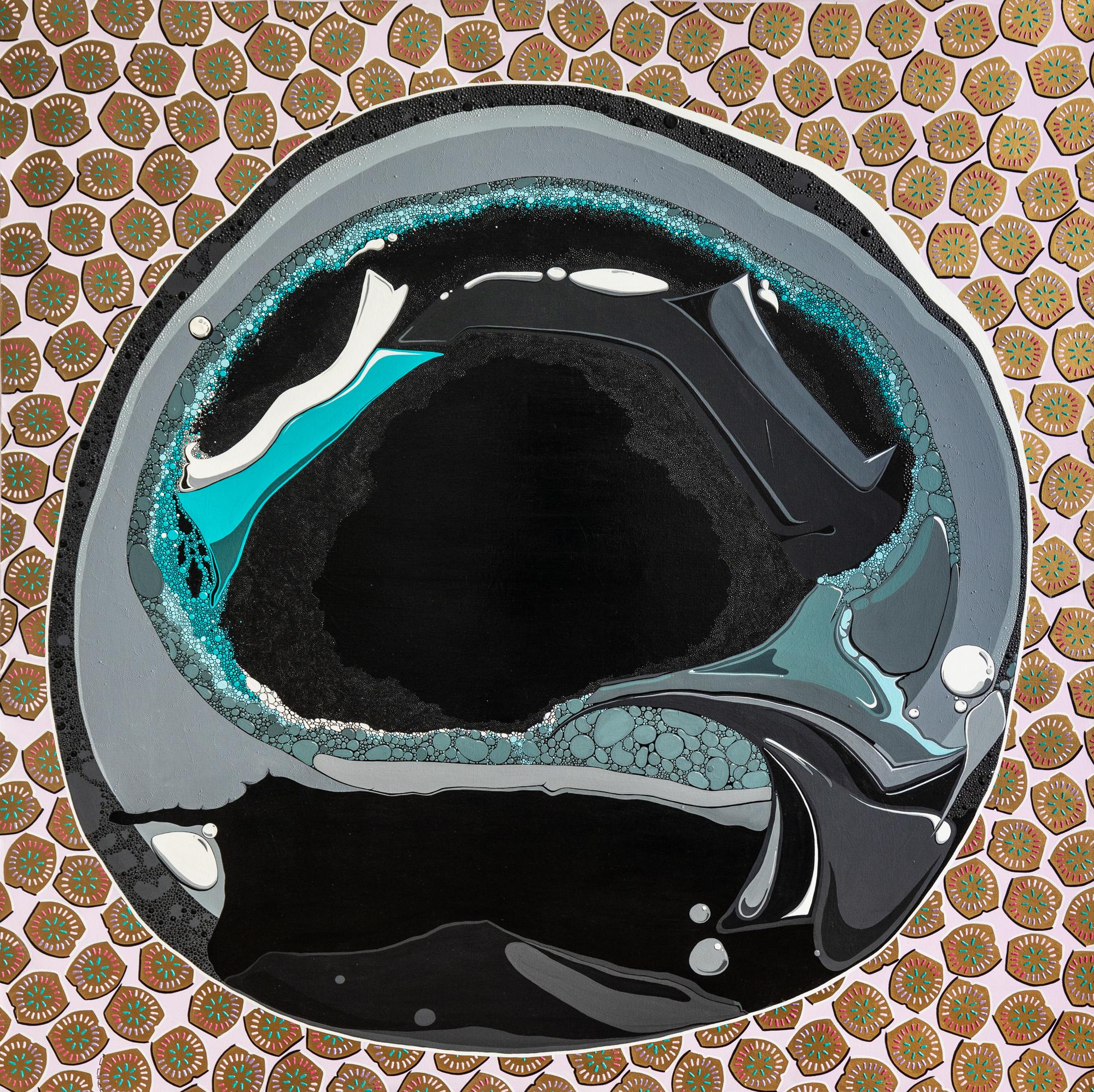 PJ Linden Abstract Painting – „Schwarzes Ei“ Acryl und dimensionale Farbe auf Leinwand 