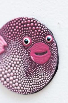 "Lucky Fugu" Fish-inspired miniature, dimensional paint on mosaic glass tile