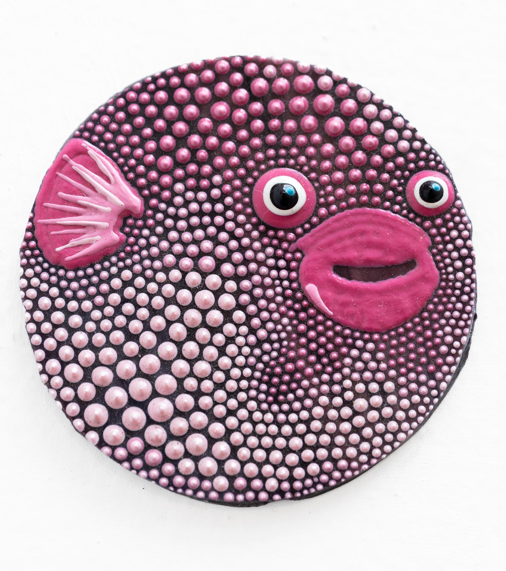 PJ Linden Animal Painting - "Lucky Fugu" Fish-inspired miniature, dimensional paint on mosaic glass tile
