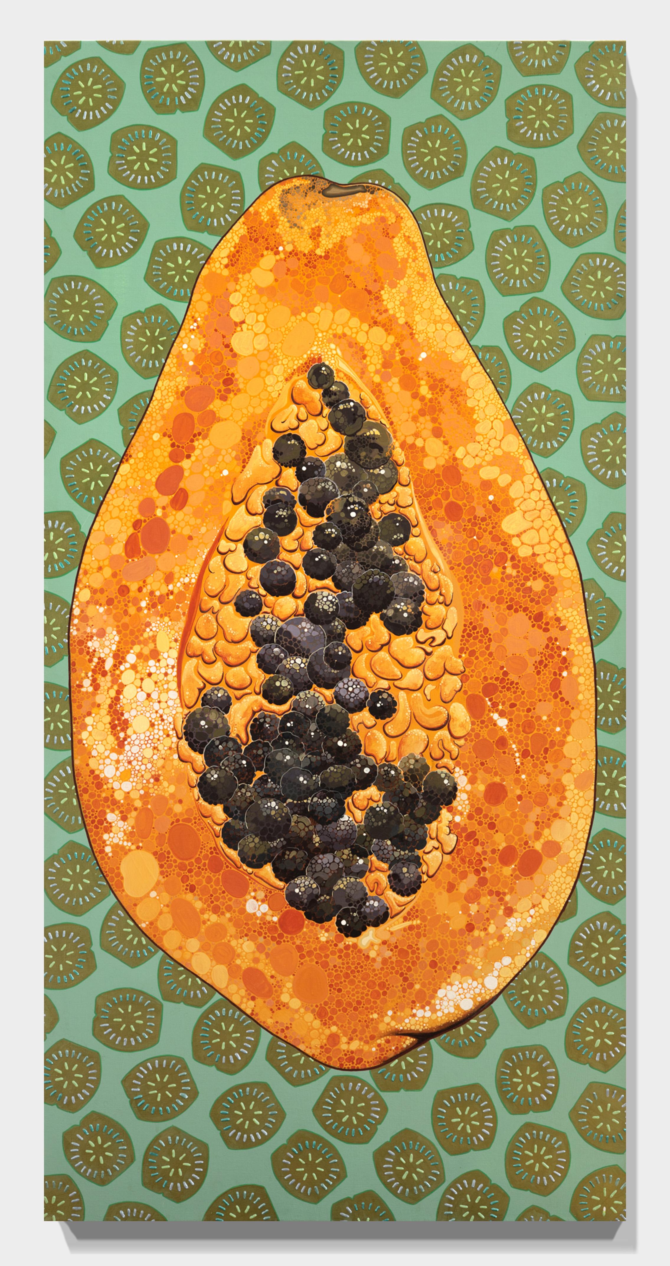 „Papaya-Ei“ Dimensionale und Acrylfarbe auf Leinwand, Obstmotiv im Angebot 7