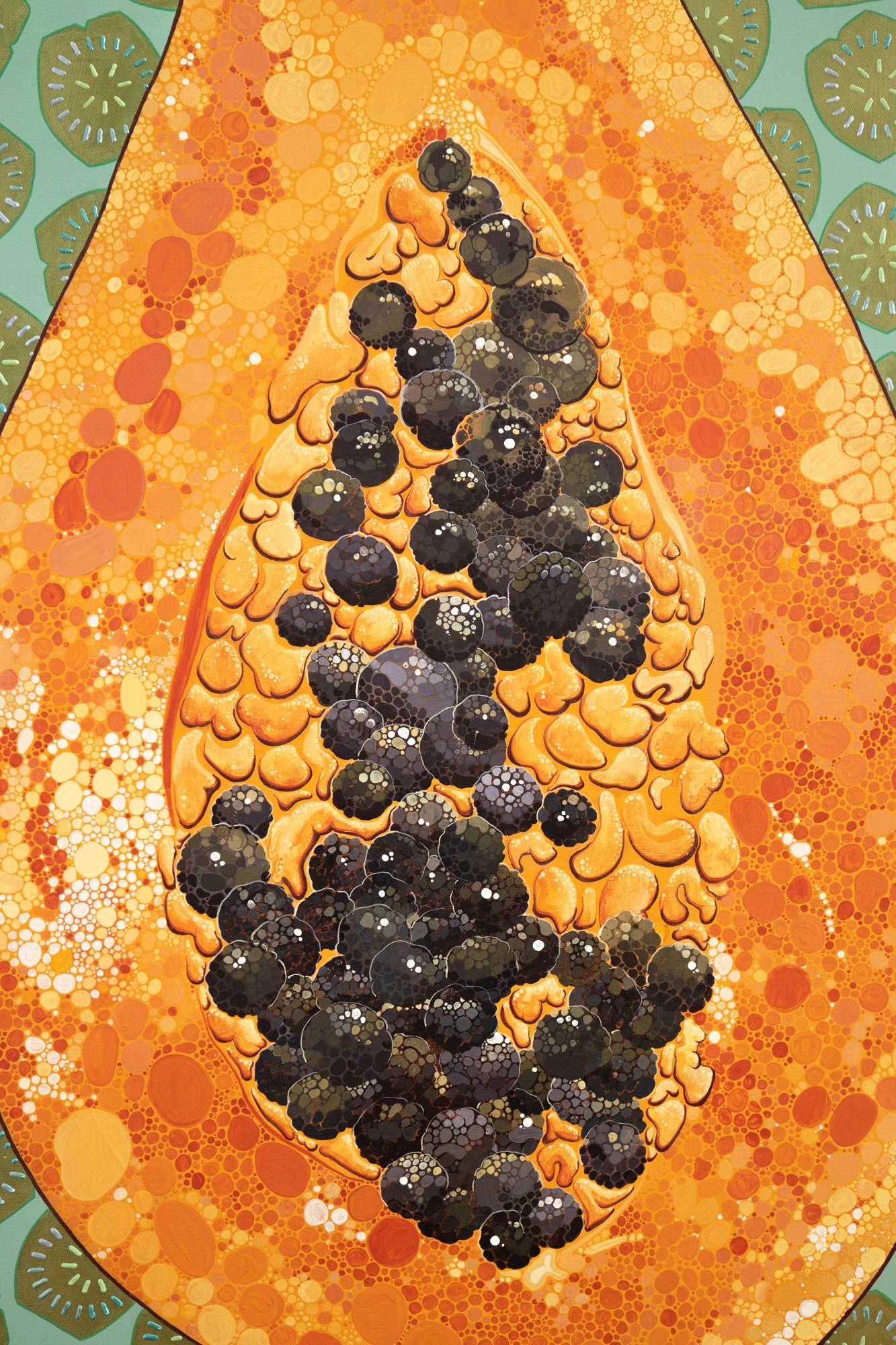 „Papaya-Ei“ Dimensionale und Acrylfarbe auf Leinwand, Obstmotiv – Painting von PJ Linden