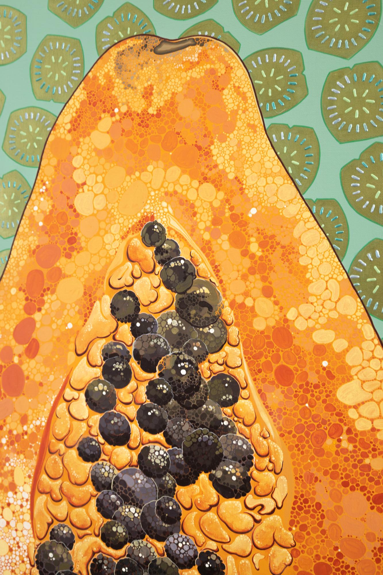 „Papaya-Ei“ Dimensionale und Acrylfarbe auf Leinwand, Obstmotiv (Zeitgenössisch), Painting, von PJ Linden
