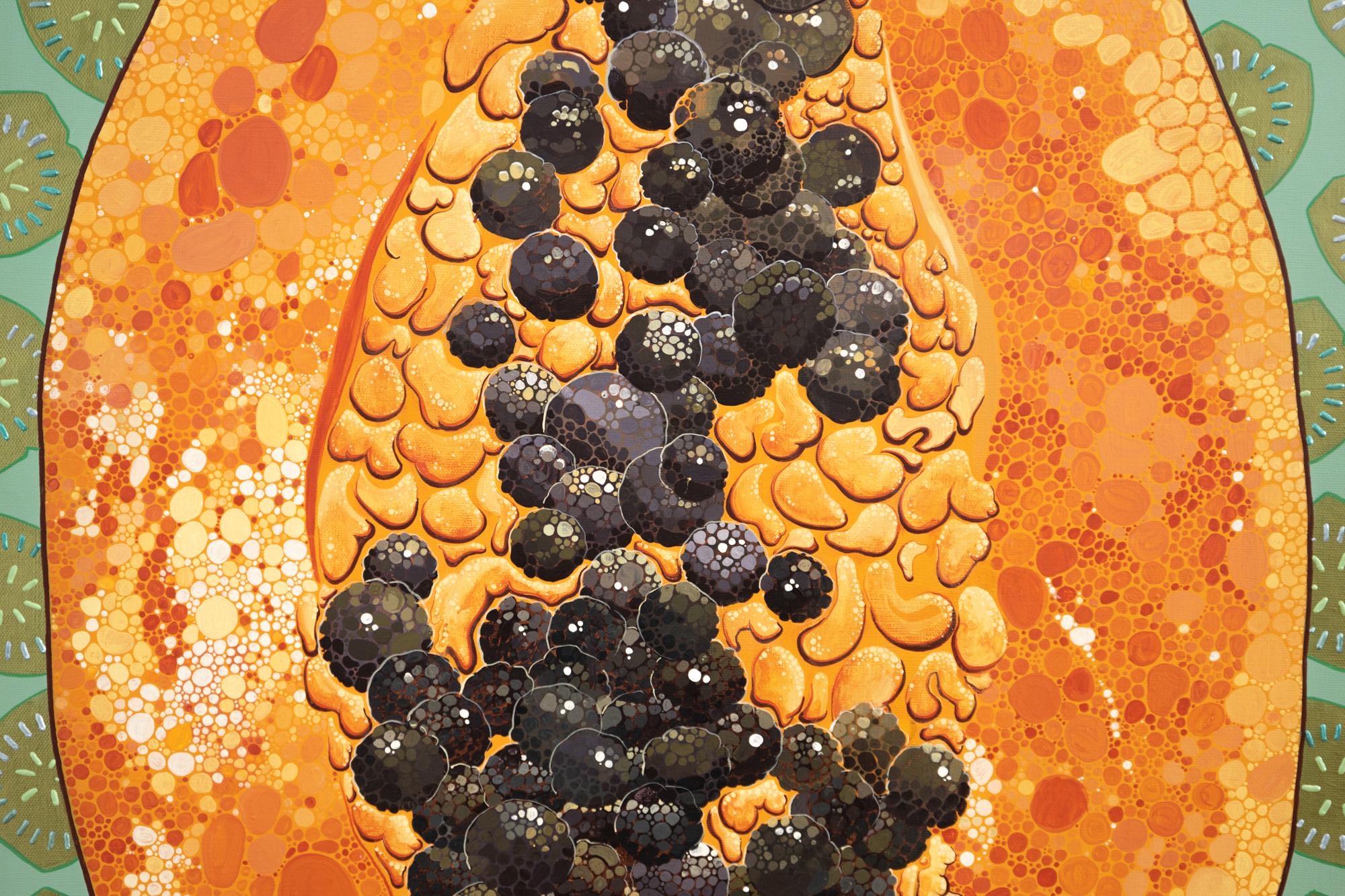 „Papaya-Ei“ Dimensionale und Acrylfarbe auf Leinwand, Obstmotiv im Angebot 1