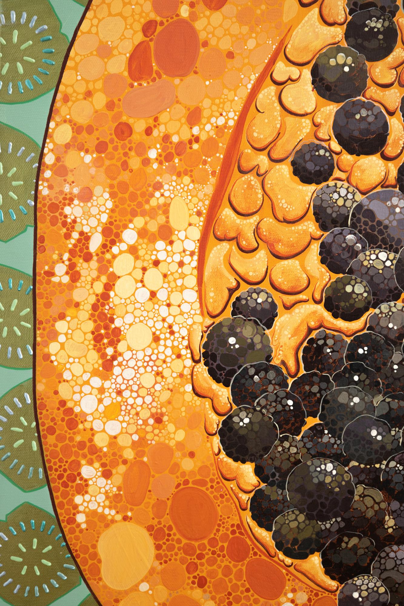 „Papaya-Ei“ Dimensionale und Acrylfarbe auf Leinwand, Obstmotiv im Angebot 2