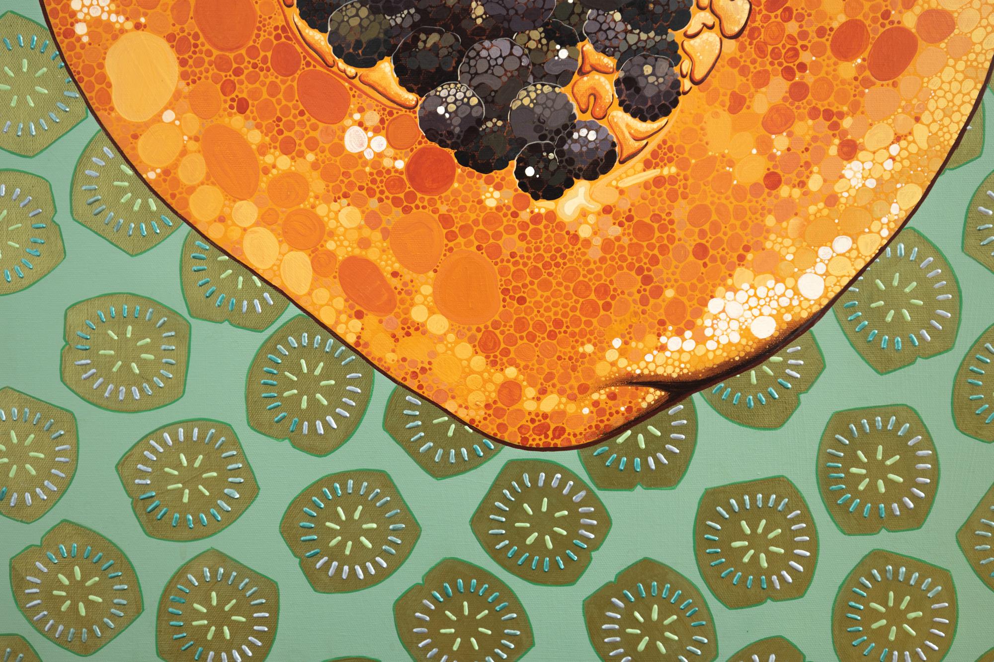 „Papaya-Ei“ Dimensionale und Acrylfarbe auf Leinwand, Obstmotiv im Angebot 4