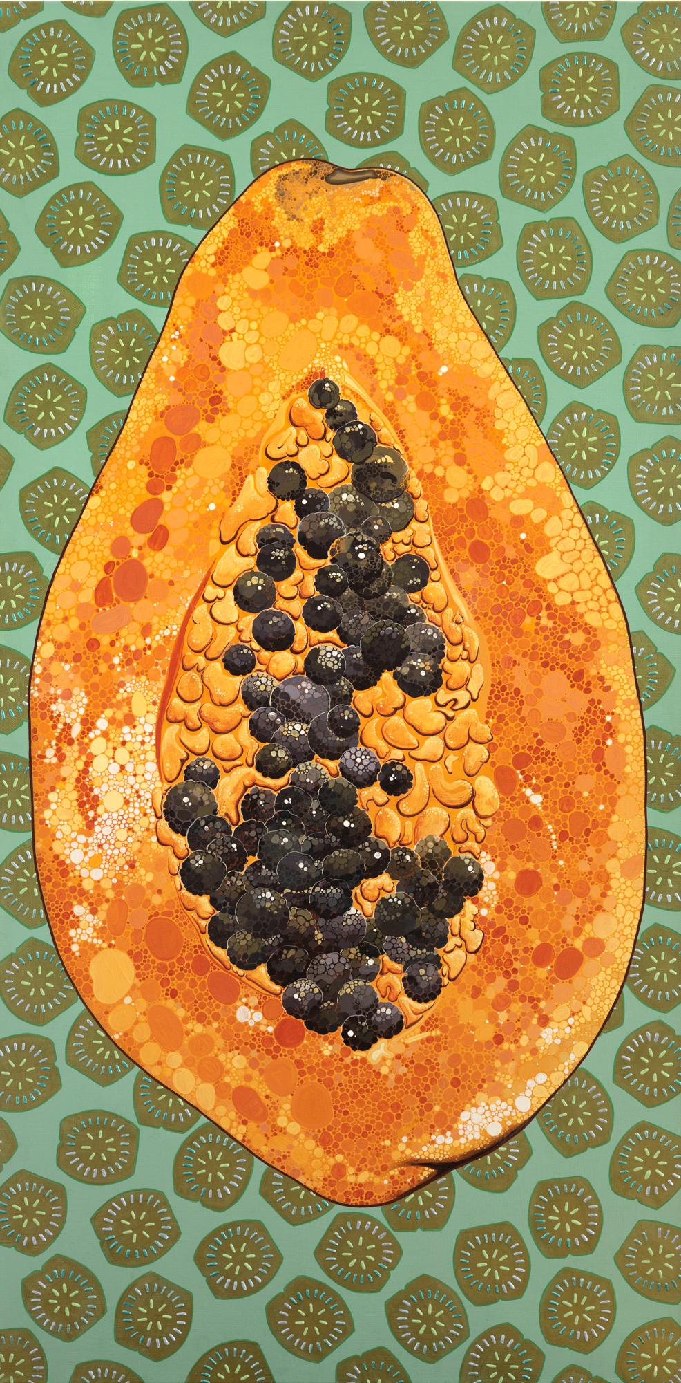 PJ Linden Still-Life Painting - "Papaya Egg" Dimensional and acrylic paint on canvas, fruit motif