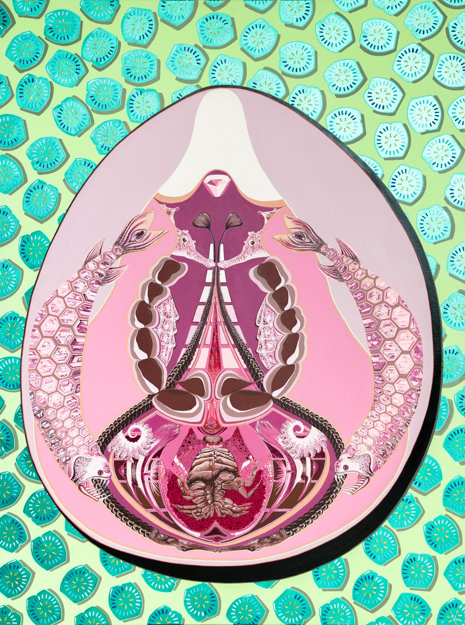"Uovo rosa" Acrilico e pittura dimensionale su tela